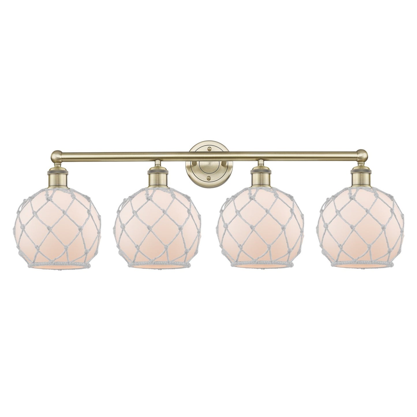 Innovations Farmhouse Rope 35in 4-Light Bath Vanity | Industrial Antique Brass Steel and White Frosted Glass with Rope | Model 616-4W-AB-G121-8RW