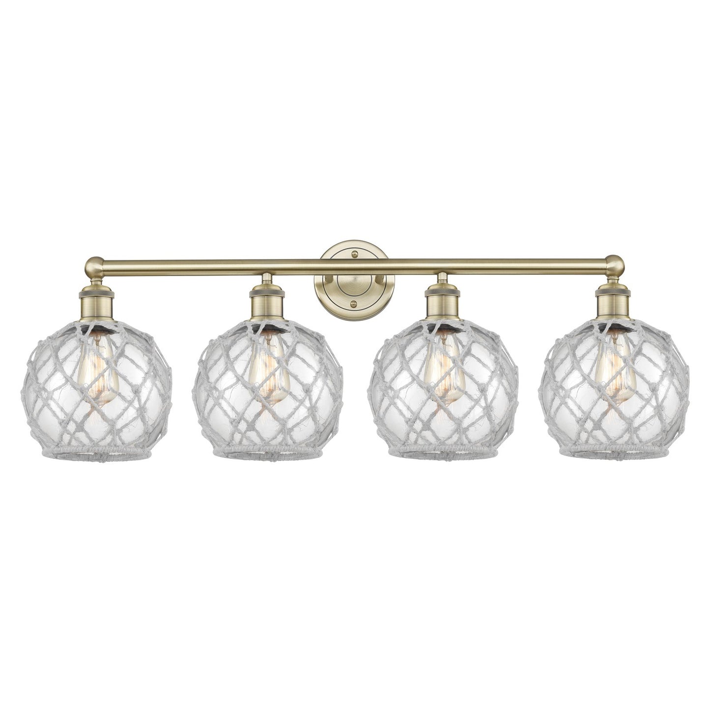 Innovations Farmhouse Rope 35in 4-Light Bath Vanity Light | Industrial Antique Brass and Clear Glass with White Rope | Bathroom | Model 616-4W-AB-G122-8RW