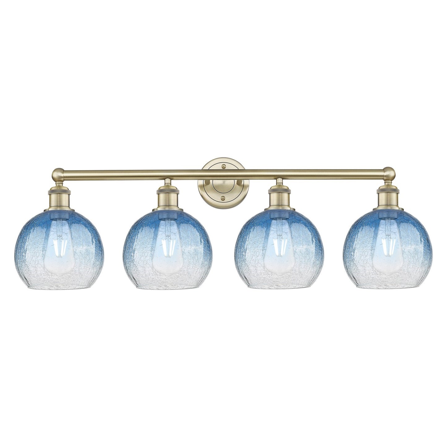 Innovations Brookhaven Globe 35in 4-Light Bath Vanity Light | Industrial Antique Brass and Sapphire Blue Glass | Bathroom | Model 616-4W-AB-G483-8SB