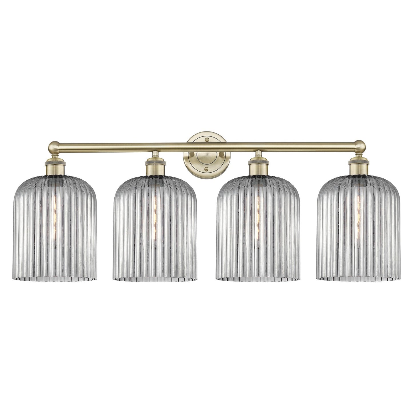 Innovations Bridal Veil 32in 4-Light Bath Vanity | Art Nouveau Industrial Antique Brass and Light Smoke Ribbed Glass | Bathroom | Model 616-4W-AB-G559-8SM