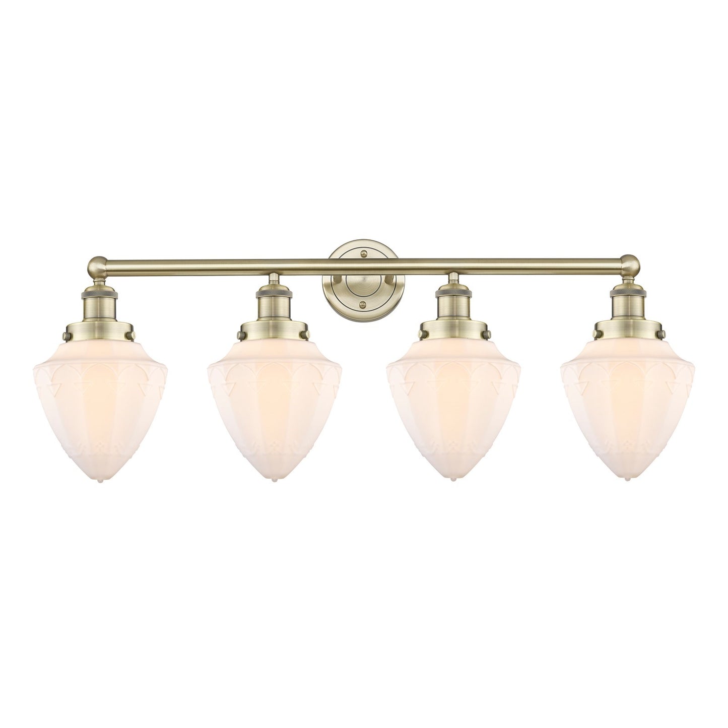 Innovations Bullet 34in 4-Light Bath Vanity Light | Industrial Antique Brass and Matte White Frosted Glass | Bathroom Vanity | 34 | Model 616-4W-AB-G661-7