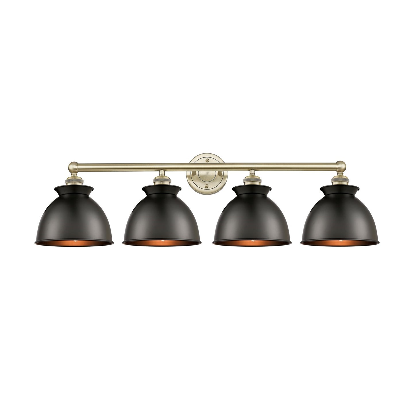 Innovations Adirondack 35in 4-Light Bath Vanity | Industrial Farmhouse Antique Brass and Matte Black Metal Shade | Bathroom | Model 616-4W-AB-M14-BK