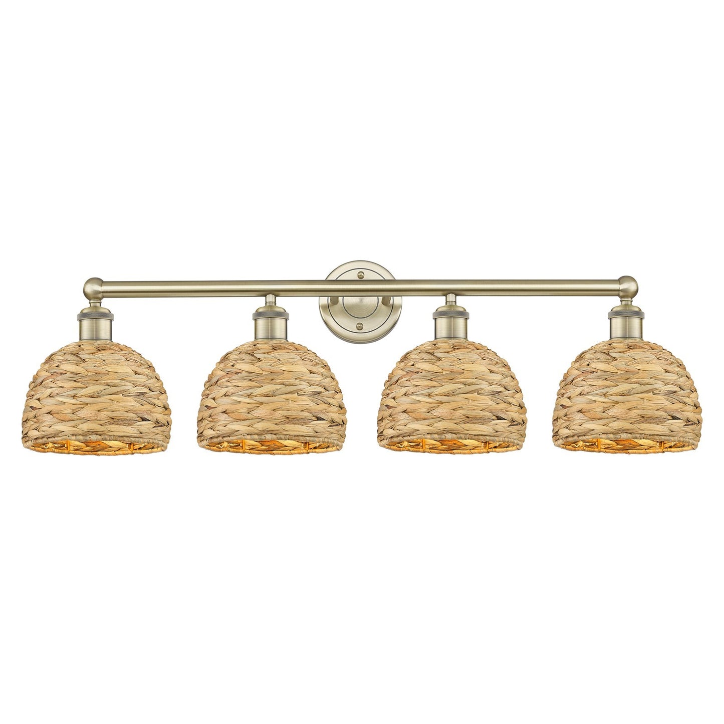 Innovations Woven Rattan 35in 4-Light Bath Vanity Light | Industrial Antique Brass and Natural Fiber Dome Shade | Bathroom | Model 616-4W-AB-RBD-8-NAT