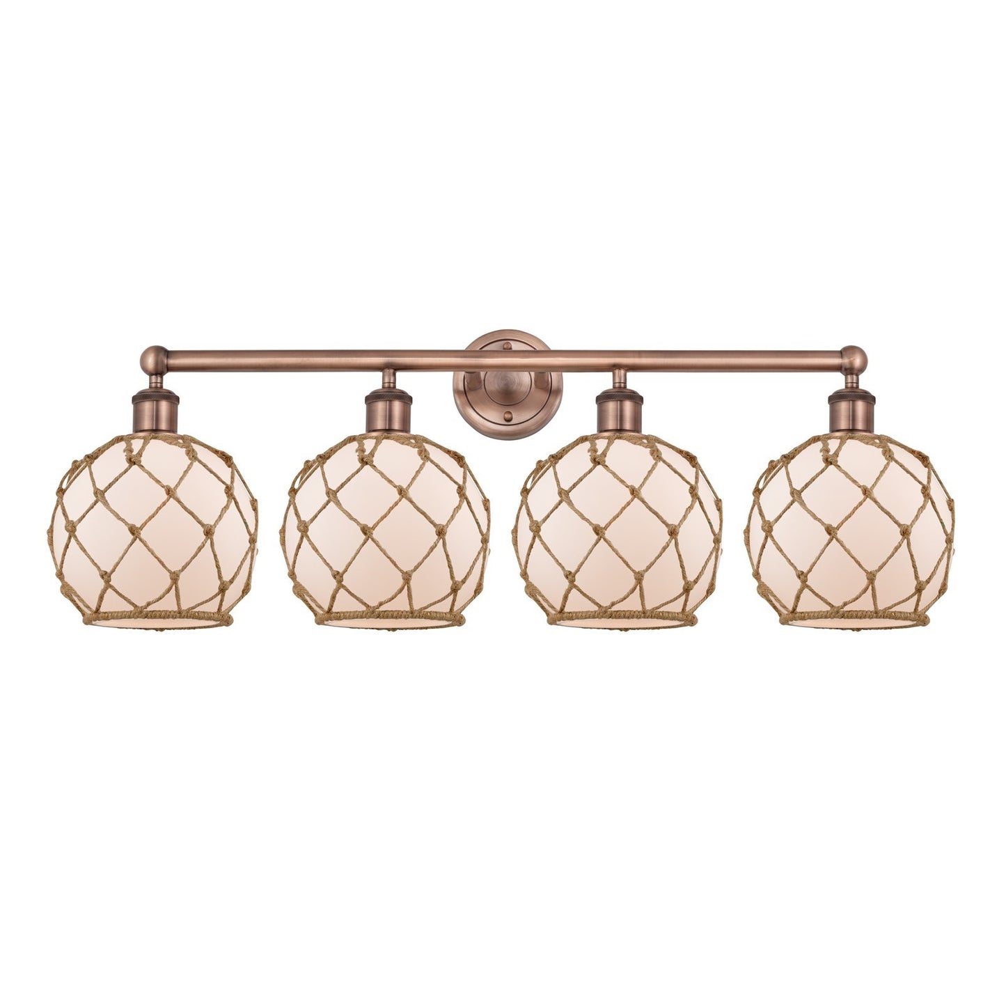 Innovations Farmhouse Rope 35in 4-Light Bath Vanity Light | Industrial Antique Copper Steel and White Frosted Glass with Brown | Model 616-4W-AC-G121-8RB