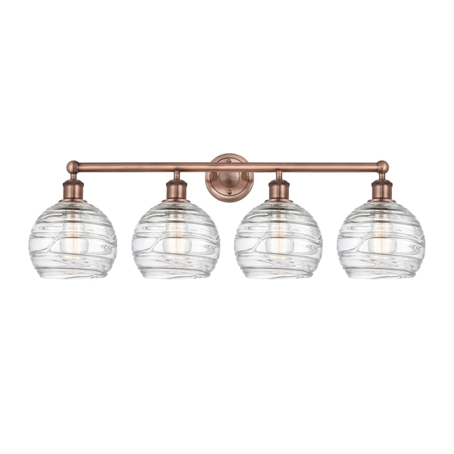 Innovations Athens Deco Swirl 35in 4-Light Bath Vanity Light | Industrial Antique Copper and Clear Deco Swirl Glass | Bathroom | Model 616-4W-AC-G1213-8CL