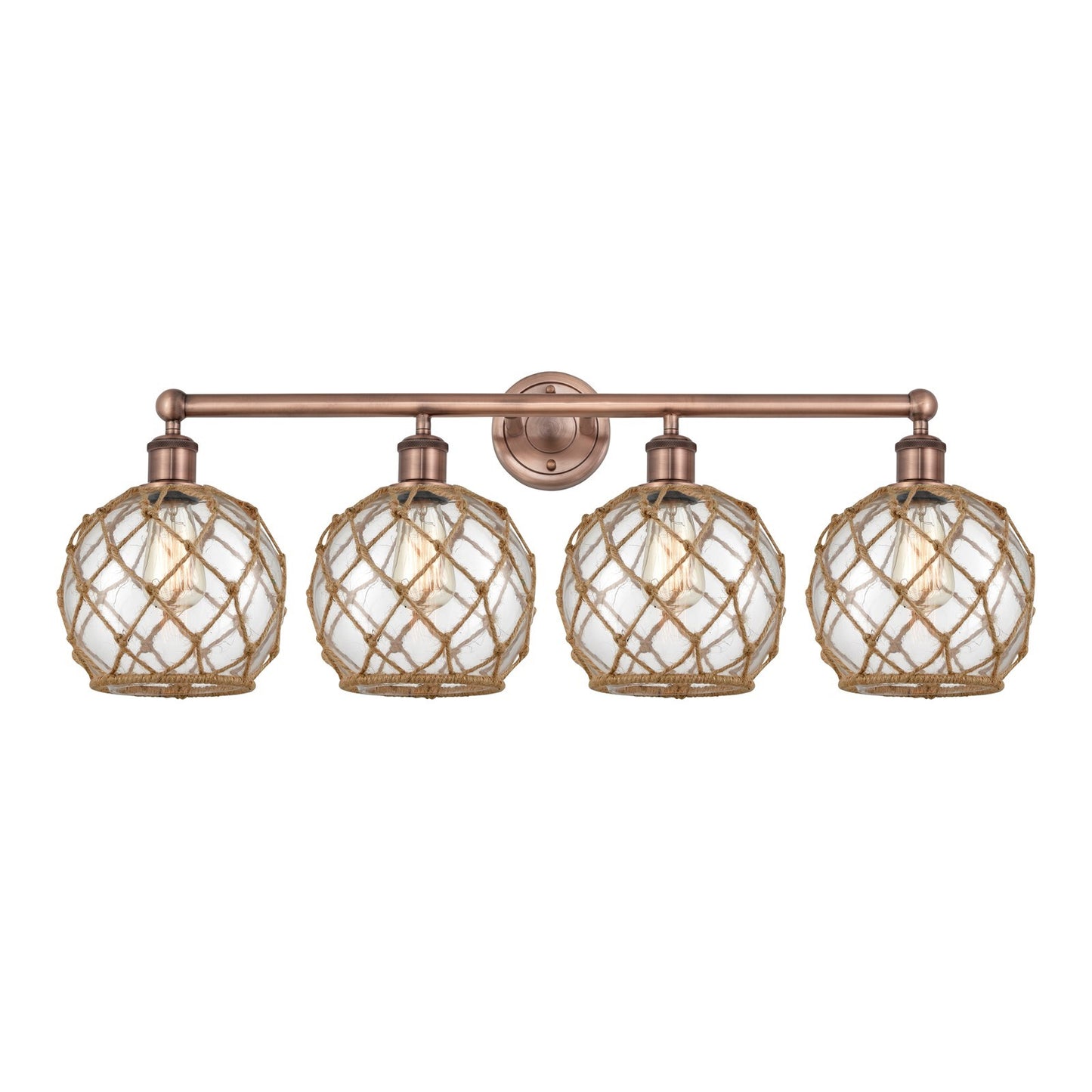 Innovations Farmhouse Rope 35in 4-Light Bath Vanity Light | Industrial Antique Copper Steel and Clear Glass with Brown Rope | Model 616-4W-AC-G122-8RB