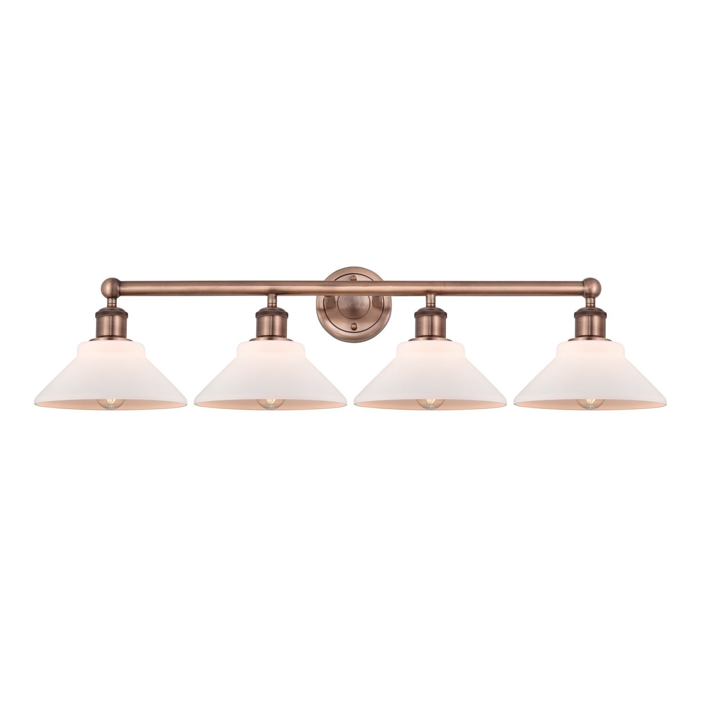 Innovations Orwell 35in 4-Light Bath Vanity Light | Industrial Antique Copper and Matte White Glass | Damp Rated Bathroom Vanity | Model 616-4W-AC-G131