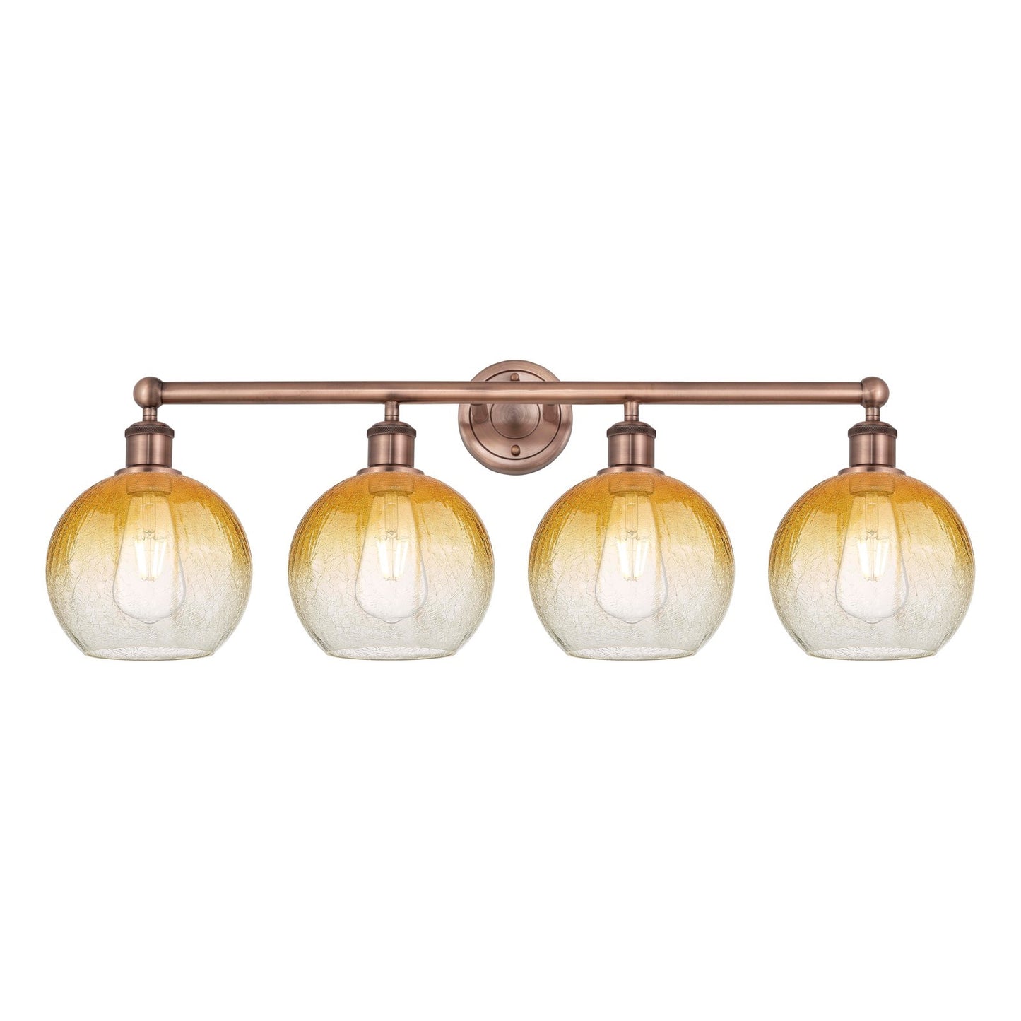 Innovations Brookhaven Globe 35in 4-Light Bath Vanity Light | Industrial Antique Copper and Amber Glass | Damp Rated Bathroom | Model 616-4W-AC-G483-8AM