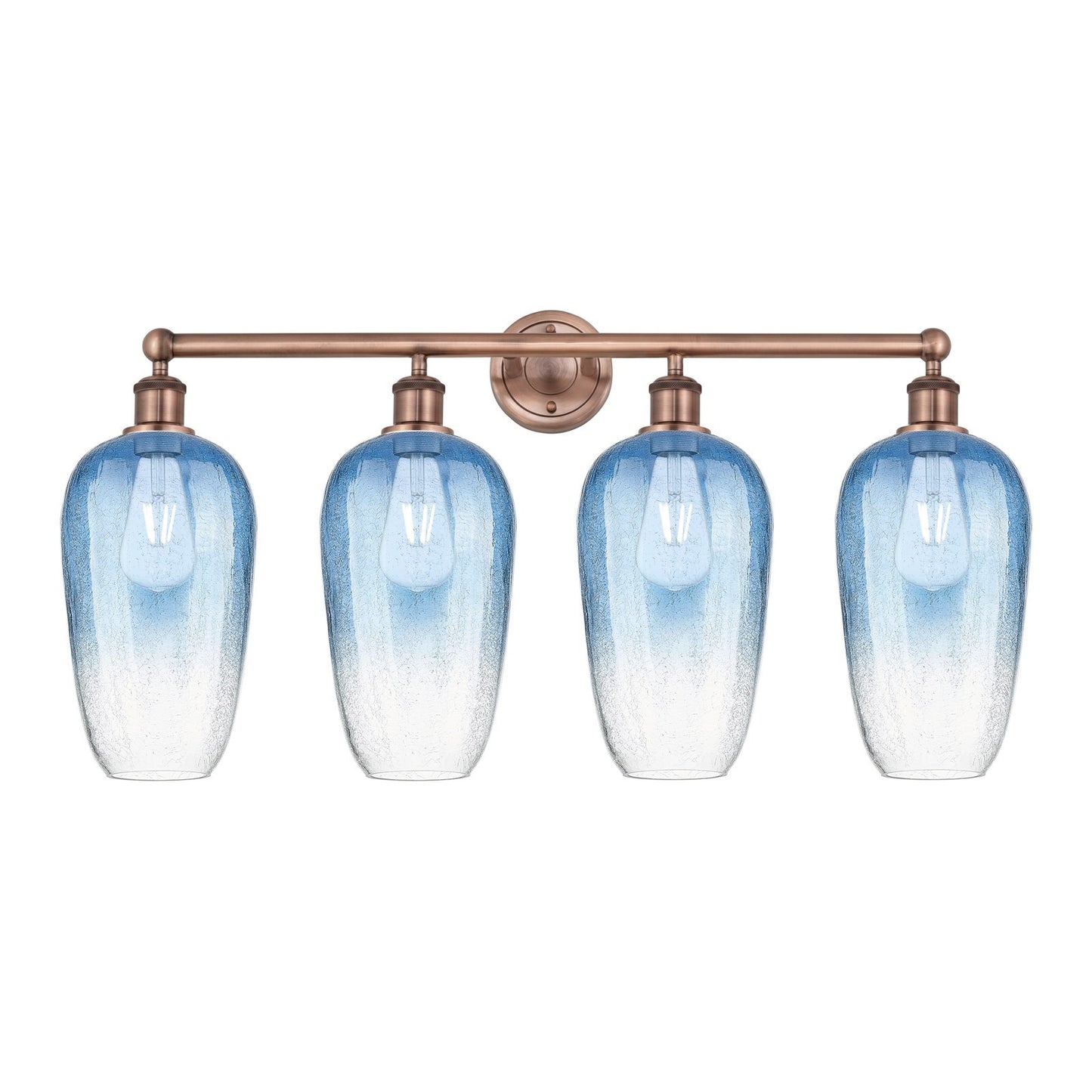 Innovations Brookhaven Flute 34in 4-Light Bath Vanity Light | Industrial Antique Copper and Sapphire Blue Glass | Bathroom | Model 616-4W-AC-G484-7SB