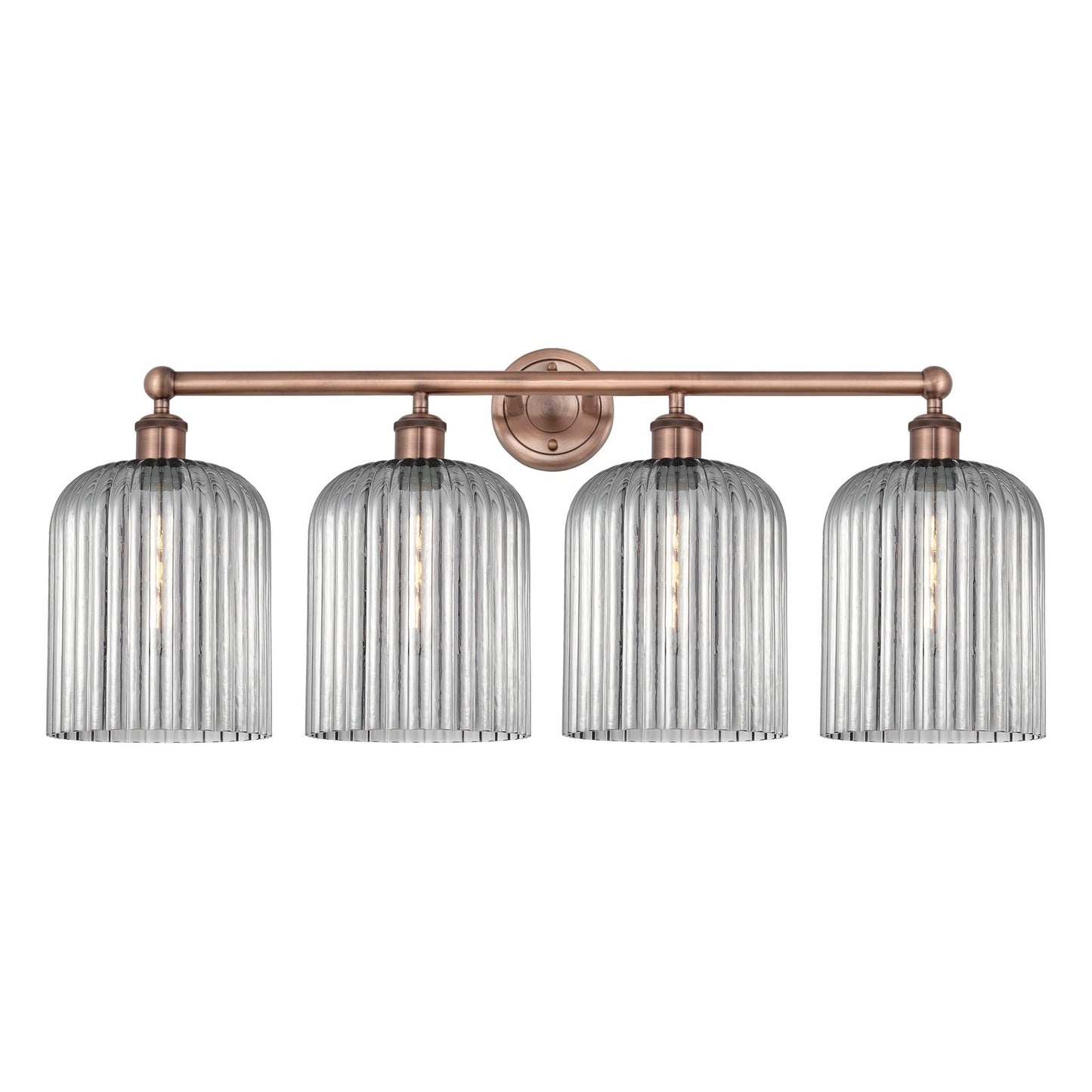 Innovations Bridal Veil 32in 4-Light Bath Vanity Light | Art Nouveau Industrial Antique Copper Steel and Light Smoke Ribbed | Model 616-4W-AC-G559-8SM