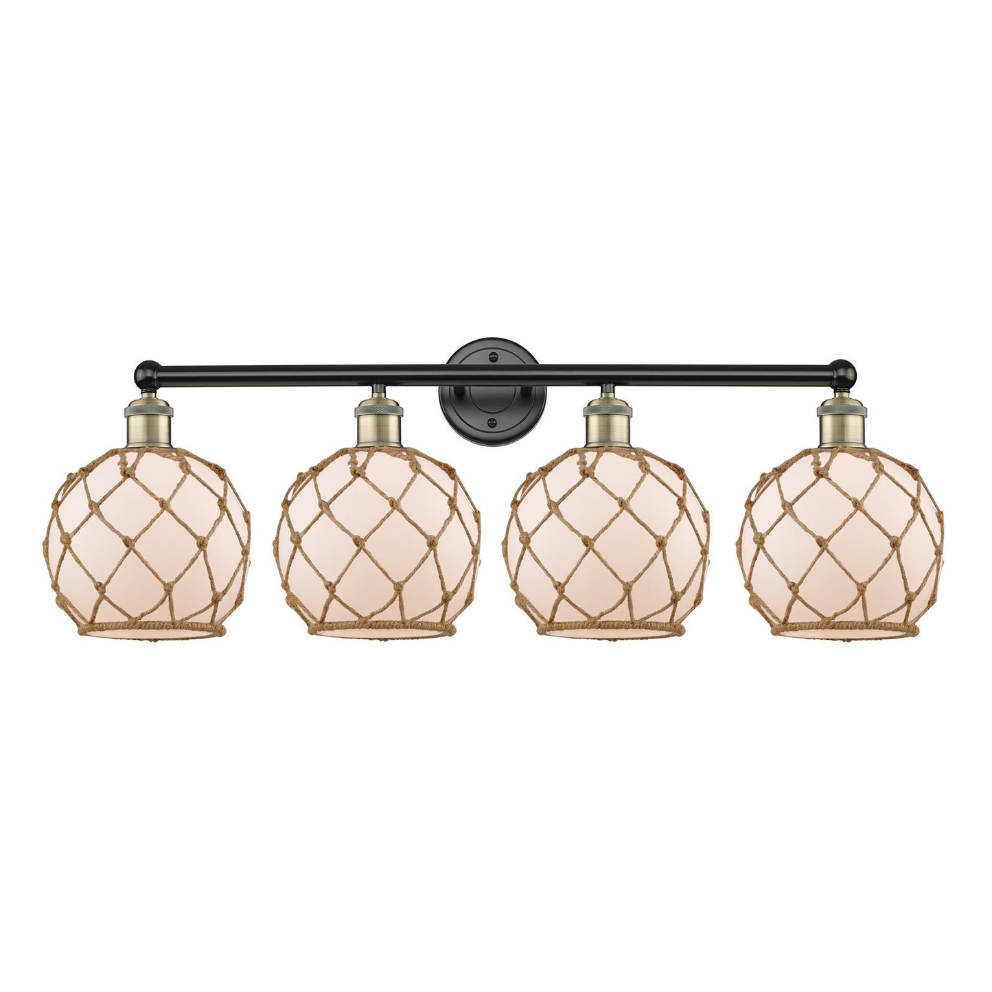 Innovations Farmhouse Rope 35in 4-Light Bath Vanity Light | Industrial Black Antique Brass and White Glass with Brown Rope | Model 616-4W-BAB-G121-8RB