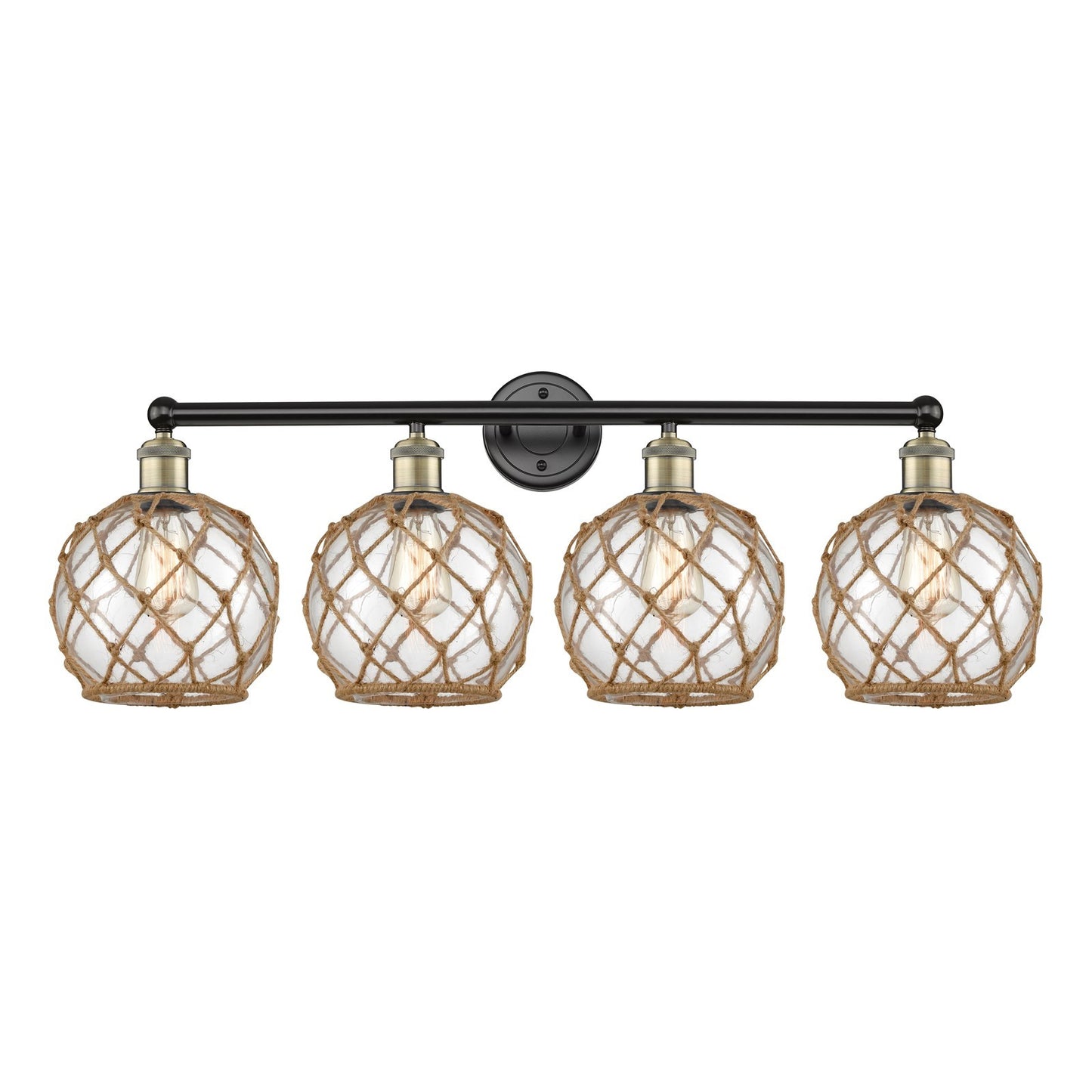Innovations Farmhouse Rope 35in 4-Light Bath Vanity Light | Industrial Black Antique Brass and Clear Glass with Brown Rope | Model 616-4W-BAB-G122-8RB