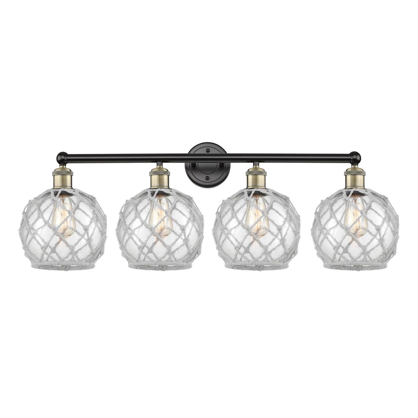 Innovations Farmhouse Rope 35in 4-Light Bath Vanity Light | Industrial Black Antique Brass and Clear Glass with White Rope | Model 616-4W-BAB-G122-8RW