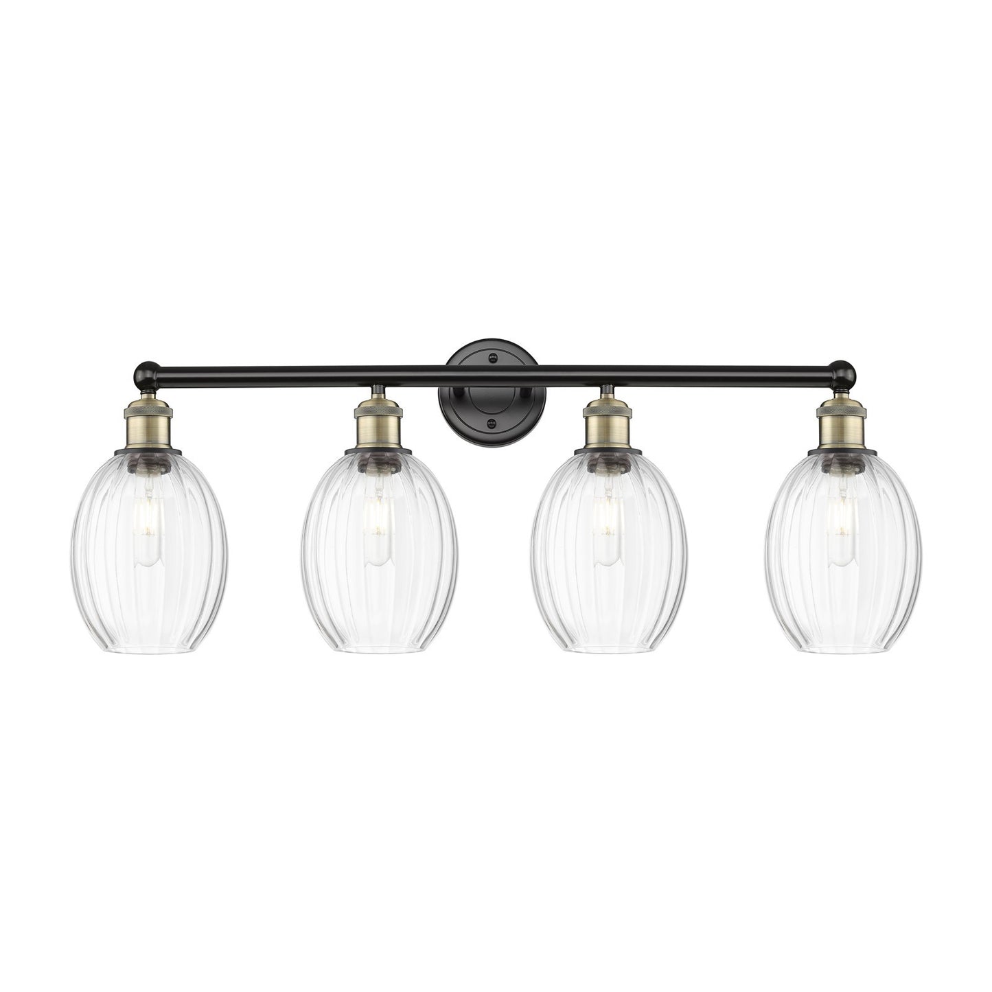 Innovations Preston Bulb 33in 4-Light Bath Vanity Light | Industrial Black Antique Brass and Clear Glass | Damp Rated Bathroom | Model 616-4W-BAB-G459-6CL