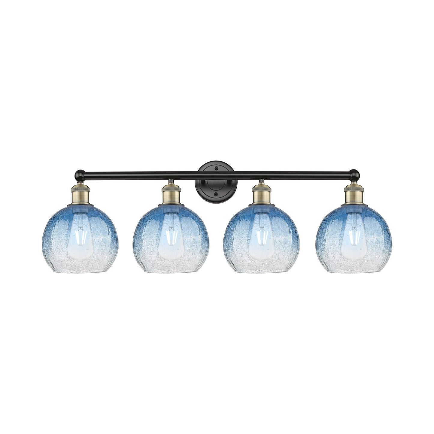 Innovations Brookhaven Globe 35in 4-Light Bath Vanity Light | Industrial Black Antique Brass and Sapphire Blue Glass | Model 616-4W-BAB-G483-8SB