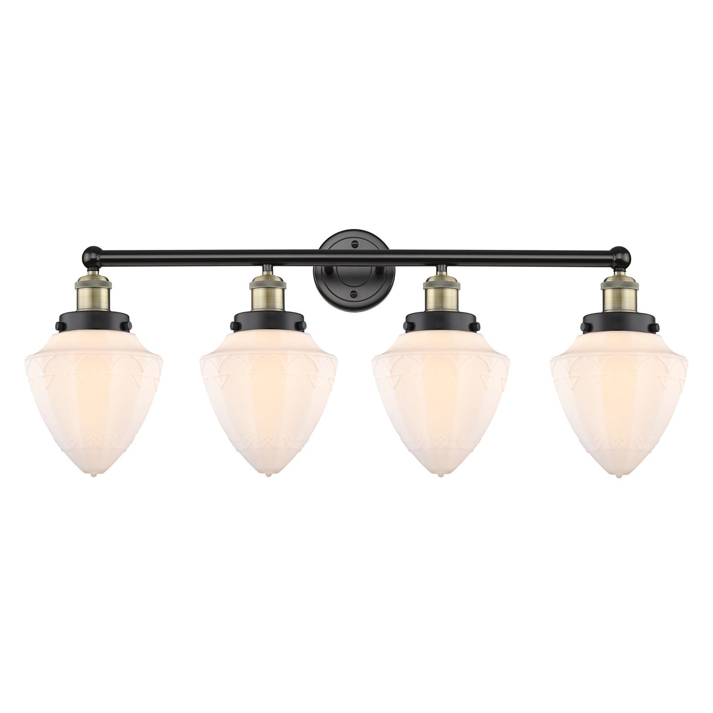 Innovations Bullet 34in 4-Light Bath Vanity | Industrial Black Antique Brass and Matte White Frosted Glass | Bathroom Vanity | Model 616-4W-BAB-G661-7