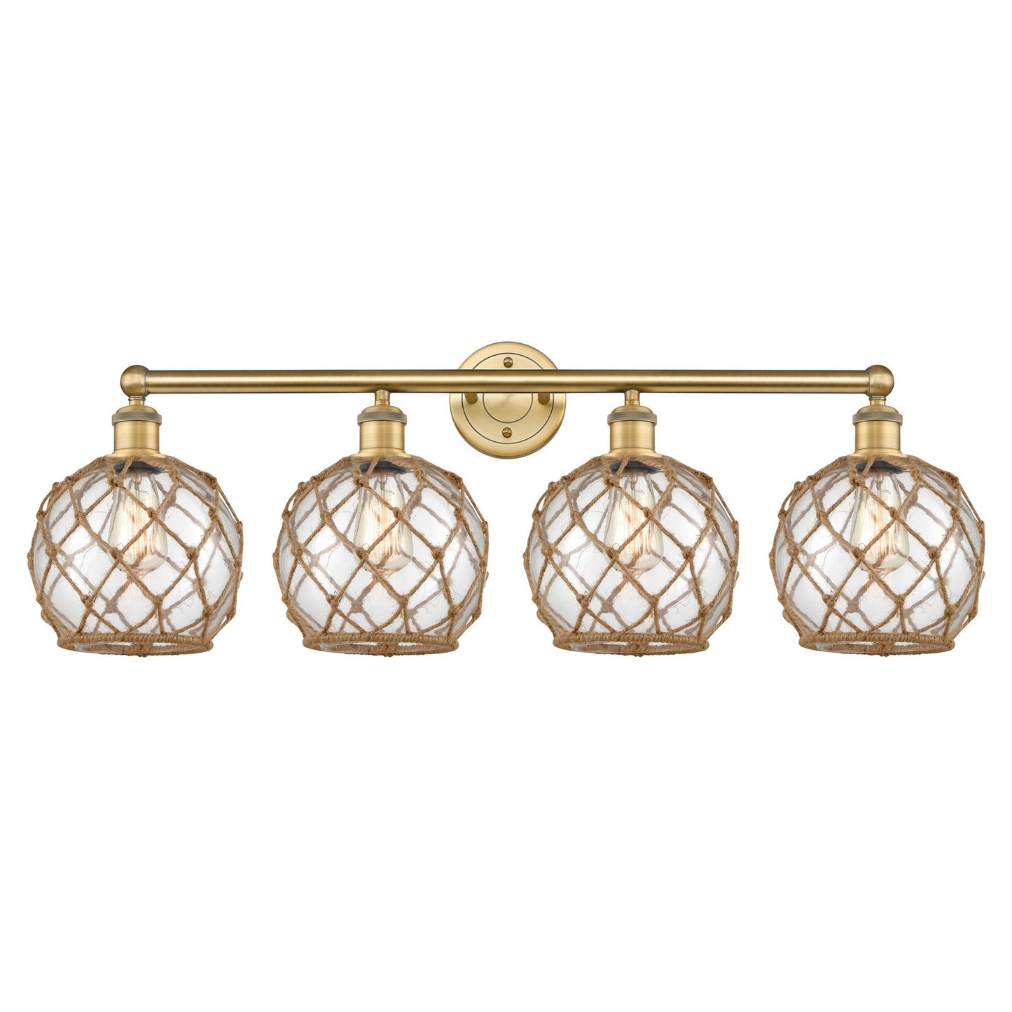 Innovations Farmhouse Rope 35in 4-Light Bath Vanity Light | Industrial Brushed Brass Steel and Clear Glass with Brown Rope | Model 616-4W-BB-G122-8RB