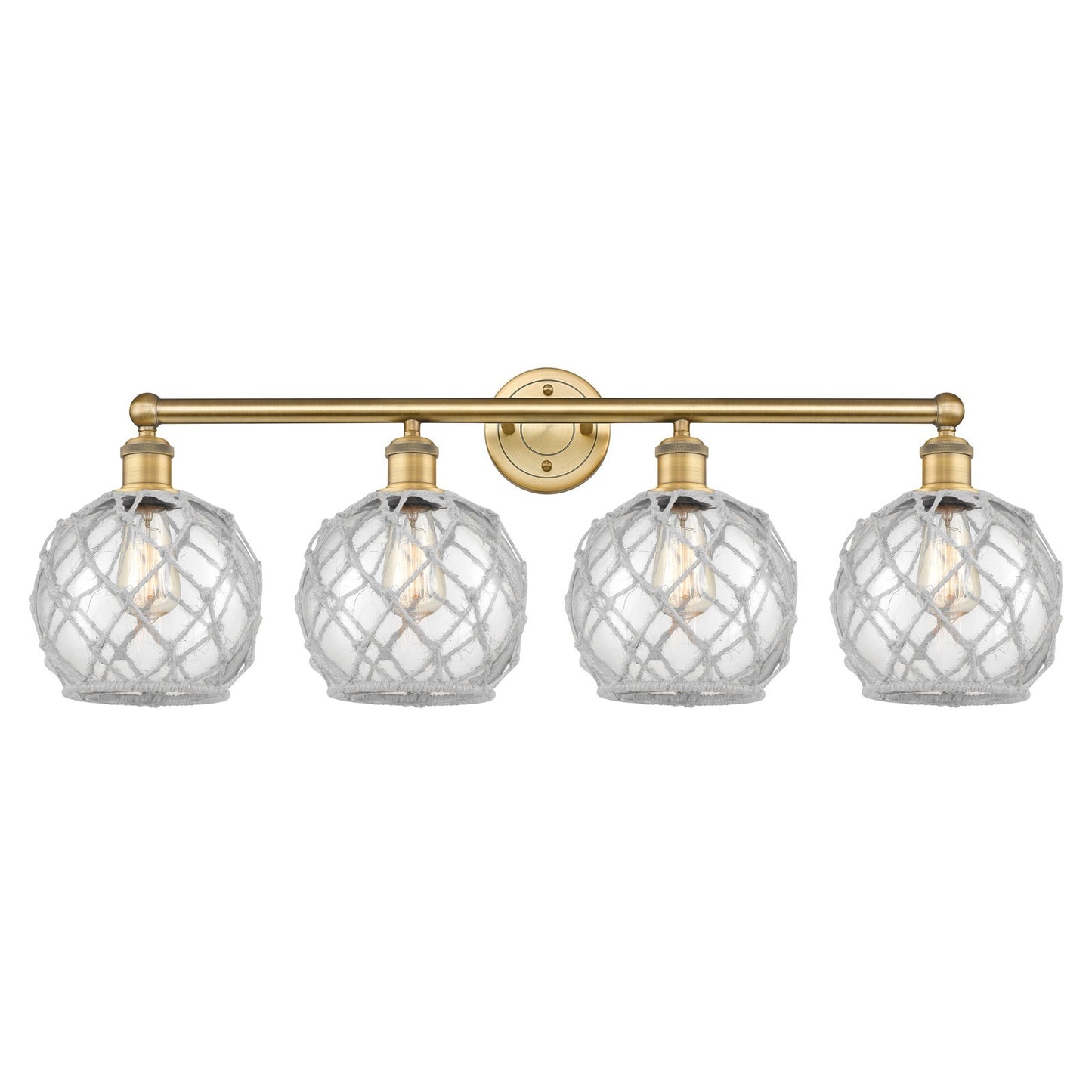 Innovations Farmhouse Rope 35in 4-Light Bath Vanity | Industrial Brushed Brass Steel and Clear Glass with White Rope | Bathroom | Model 616-4W-BB-G122-8RW