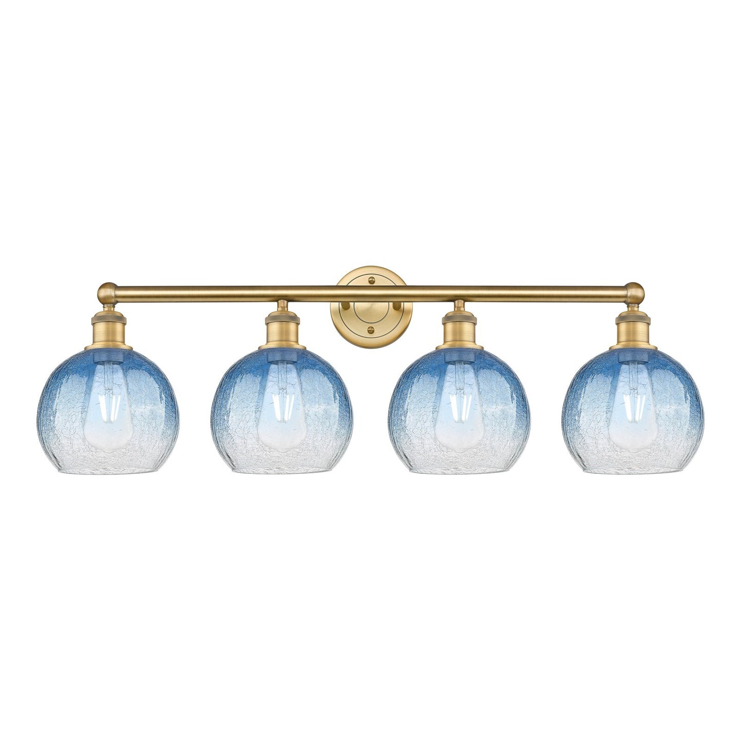 Innovations Brookhaven Globe 35in 4-Light Bath Vanity Light | Industrial Brushed Brass and Sapphire Blue Glass | Bathroom | Model 616-4W-BB-G483-8SB