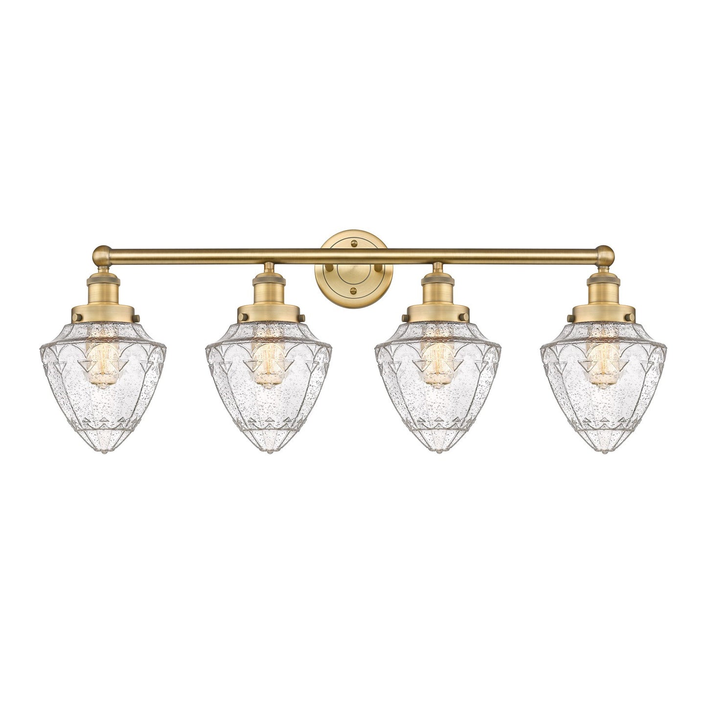 Innovations Bullet 33in 4-Light Bath Vanity Light | Industrial Brushed Brass Steel and Seedy Glass | Kitchen Island & Bathroom | Model 616-4W-BB-G664-7