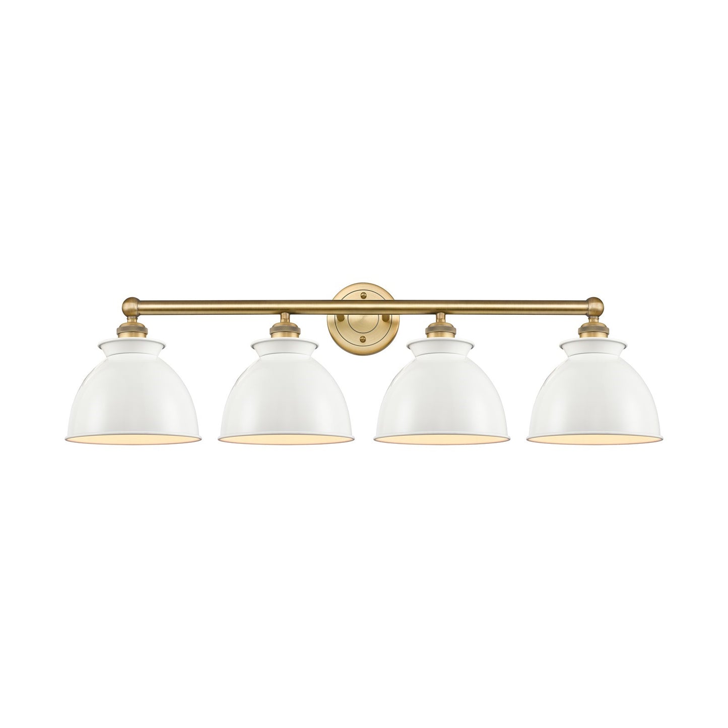 Innovations Adirondack 35in 4-Light Bath Vanity | Industrial Farmhouse Brushed Brass and Glossy White Metal Shade | Bathroom | Model 616-4W-BB-M14-W