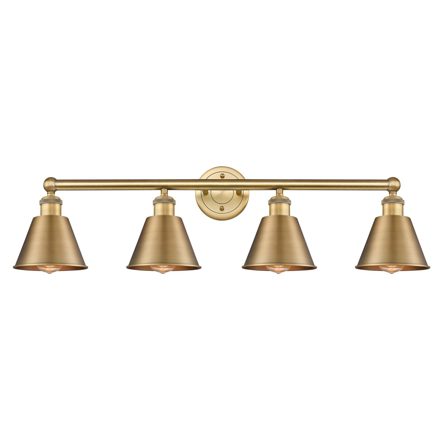 Innovations Smithfield 34in 4-Light Bath Vanity | Industrial Farmhouse Brushed Brass Steel and Metal Shade | Bathroom Vanity Light | Model 616-4W-BB-M8-BB
