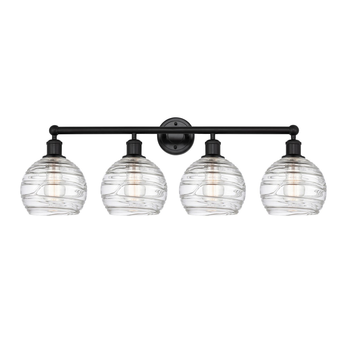 Innovations Athens Deco Swirl 35in 4-Light Bath Vanity | Industrial Matte Black Steel and Clear Deco Swirl Glass | Bathroom | Model 616-4W-BK-G1213-8CL