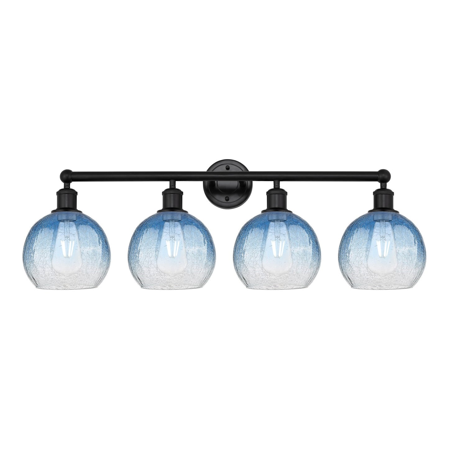 Innovations Brookhaven Globe 35in 4-Light Bath Vanity | Industrial Matte Black Steel and Sapphire Blue Glass | Bathroom Vanity | Model 616-4W-BK-G483-8SB