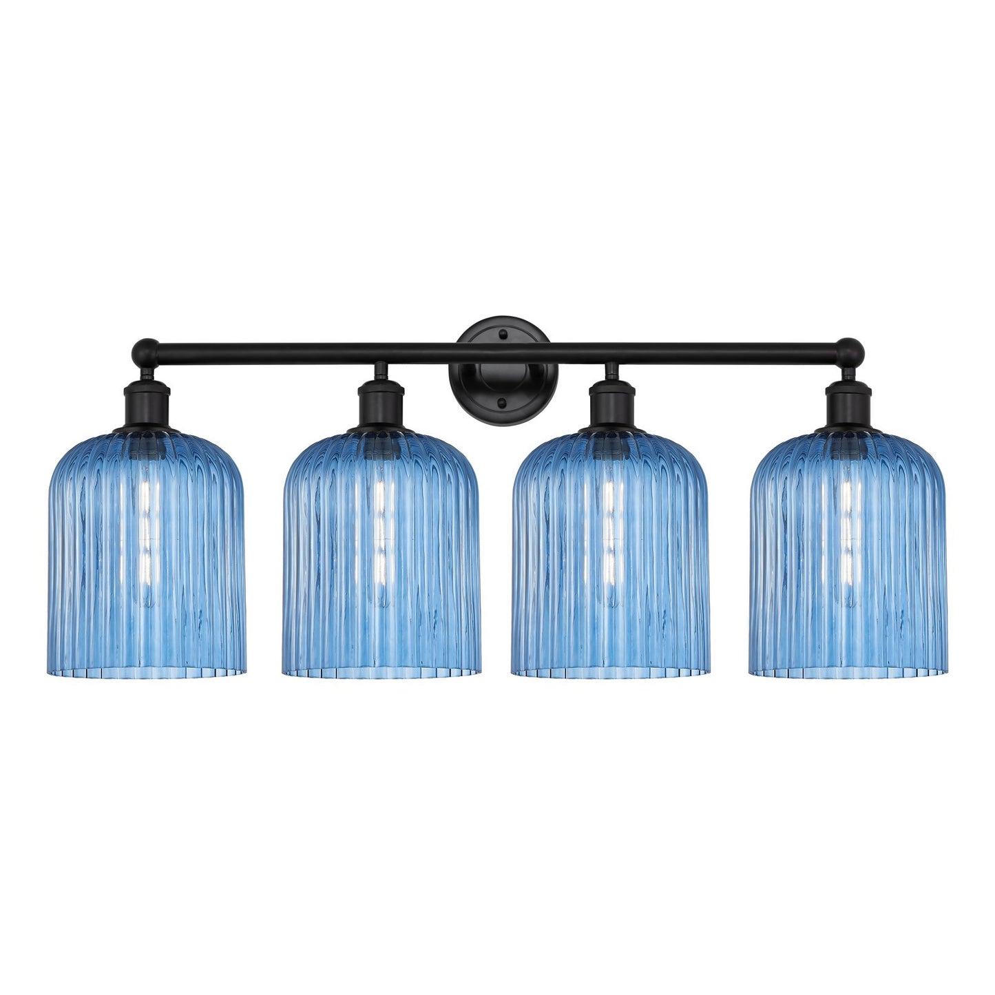 Innovations Bridal Veil 32in 4-Light Bath Vanity Light | Art Nouveau Matte Black Steel and Princess Blue Ribbed Glass | Model 616-4W-BK-G559-8BL