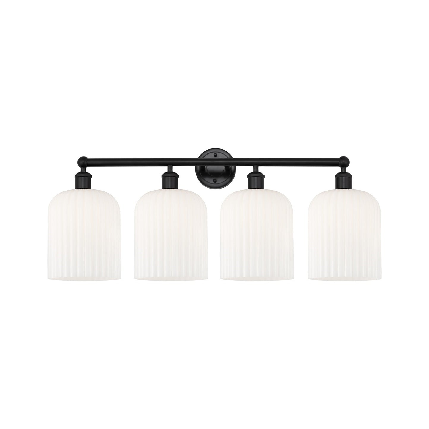 Innovations Bridal Veil 32in 4-Light Bath Vanity Light | Industrial Matte Black Steel and Gloss White Ribbed Glass | Bathroom | Model 616-4W-BK-G559-8GWH
