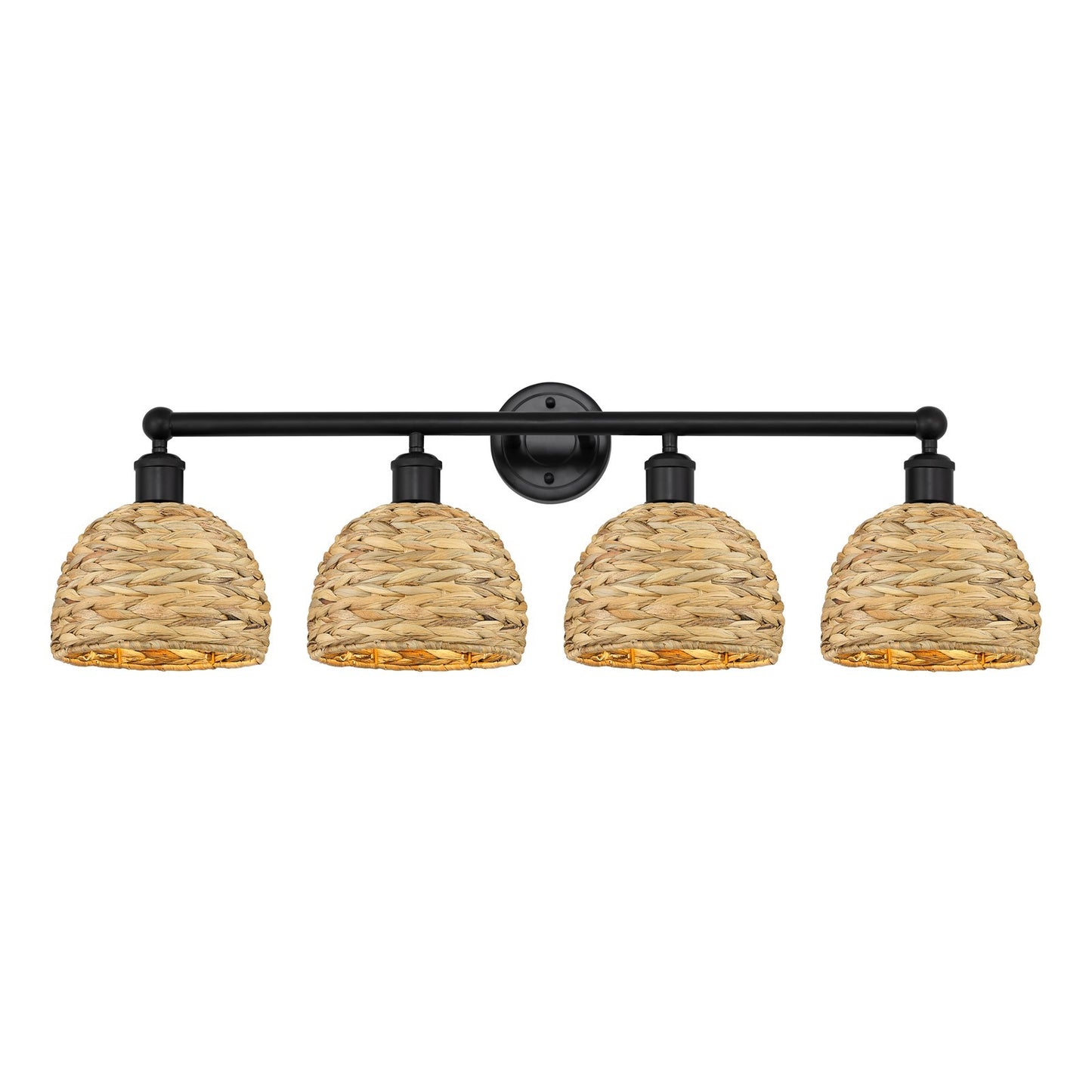 Innovations Woven Rattan 35in 4-Light Bath Vanity | Industrial Matte Black Steel and Natural Fiber Shade | Bathroom Vanity | Model 616-4W-BK-RBD-8-NAT