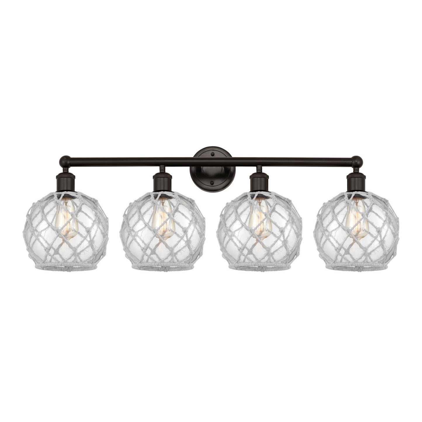 Innovations Farmhouse Rope 35in 4-Light Bath Vanity | Industrial Oil Rubbed Bronze Steel and Clear Glass with White Rope | Model 616-4W-OB-G122-8RW