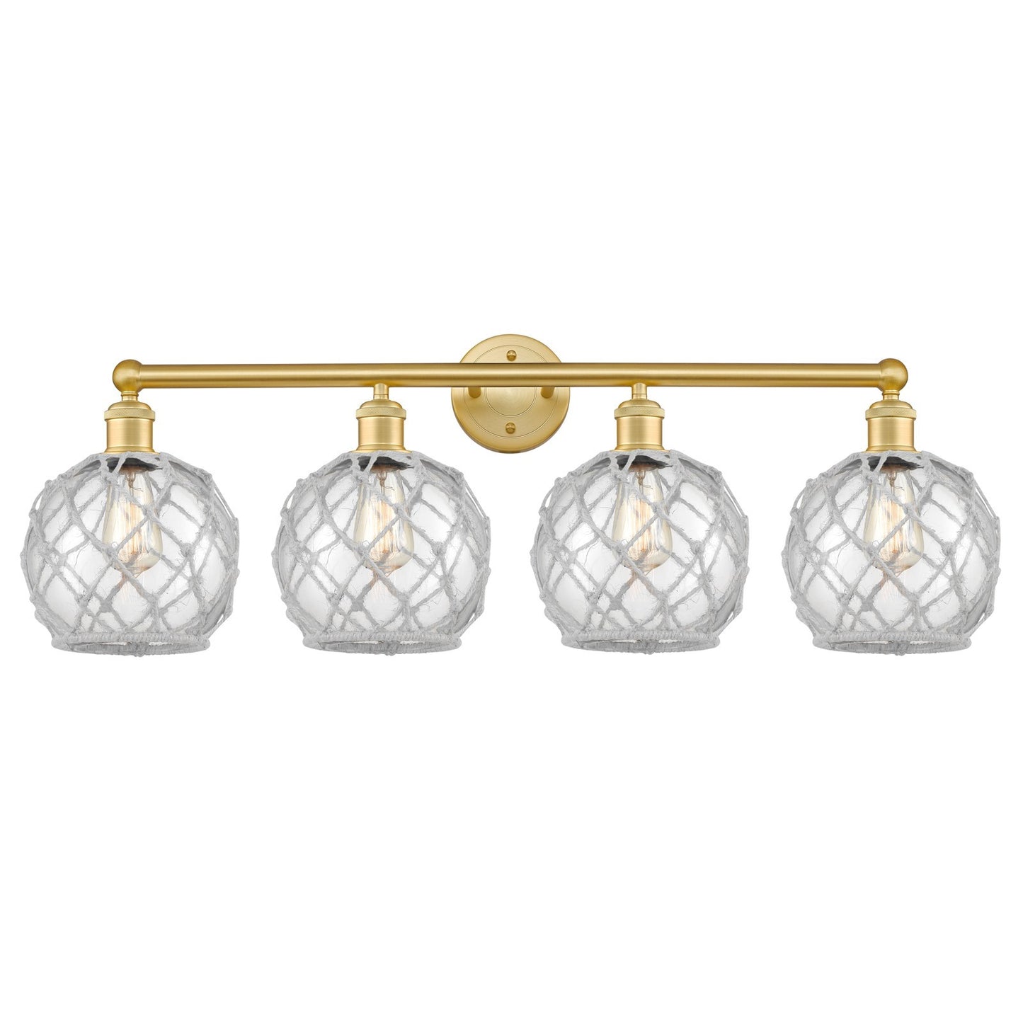 Innovations Farmhouse Rope 35in 4-Light Bath Vanity | Industrial Satin Gold Steel and Clear Glass with White Rope | Bathroom | Model 616-4W-SG-G122-8RW