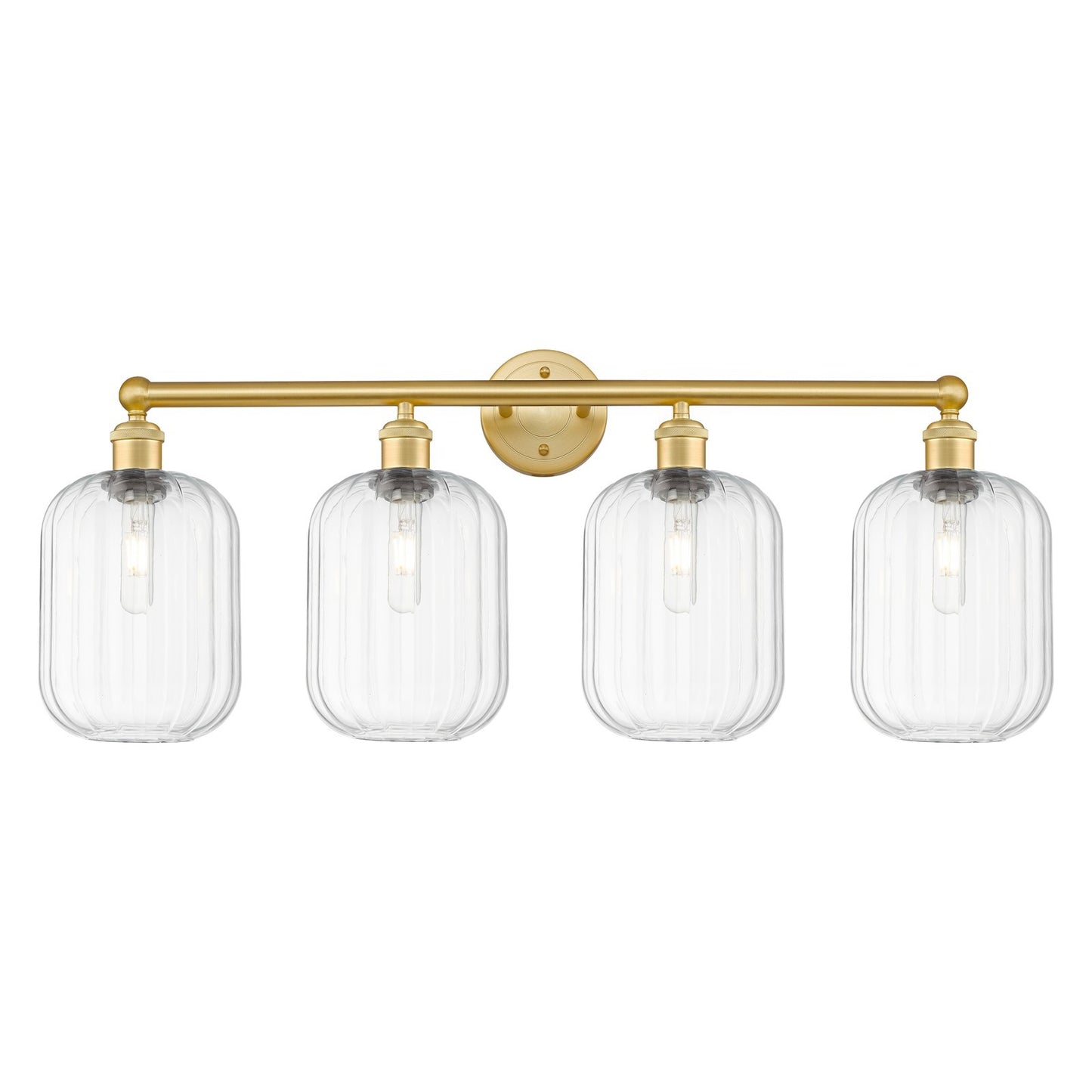 Innovations Preston Cylinder 34in 4-Light Bath Vanity | Industrial Satin Gold Steel and Clear Glass | Bathroom Vanity & Powder | Model 616-4W-SG-G460-7CL