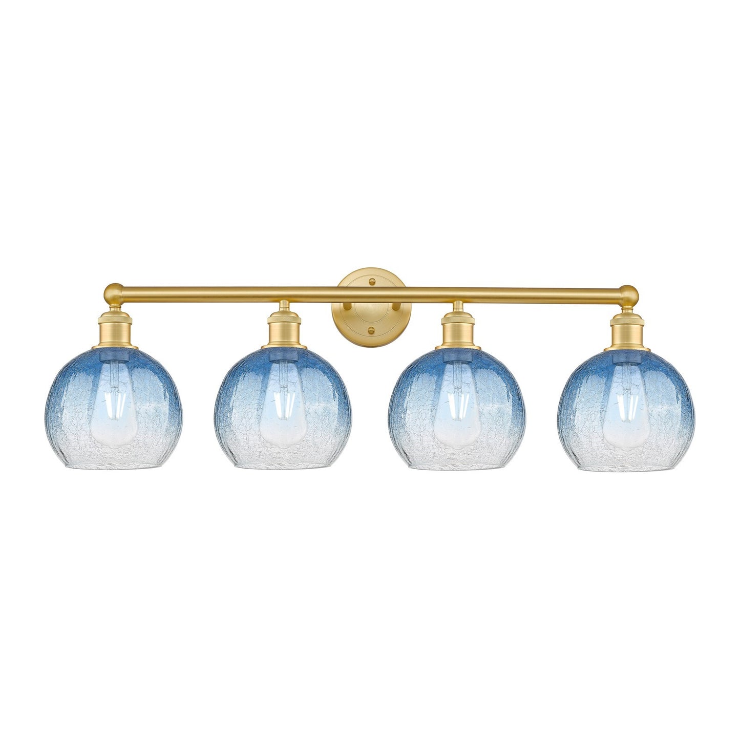 Innovations Brookhaven Globe 35in 4-Light Bath Vanity Light | Industrial Satin Gold Steel and Sapphire Blue Glass | Bathroom | Model 616-4W-SG-G483-8SB