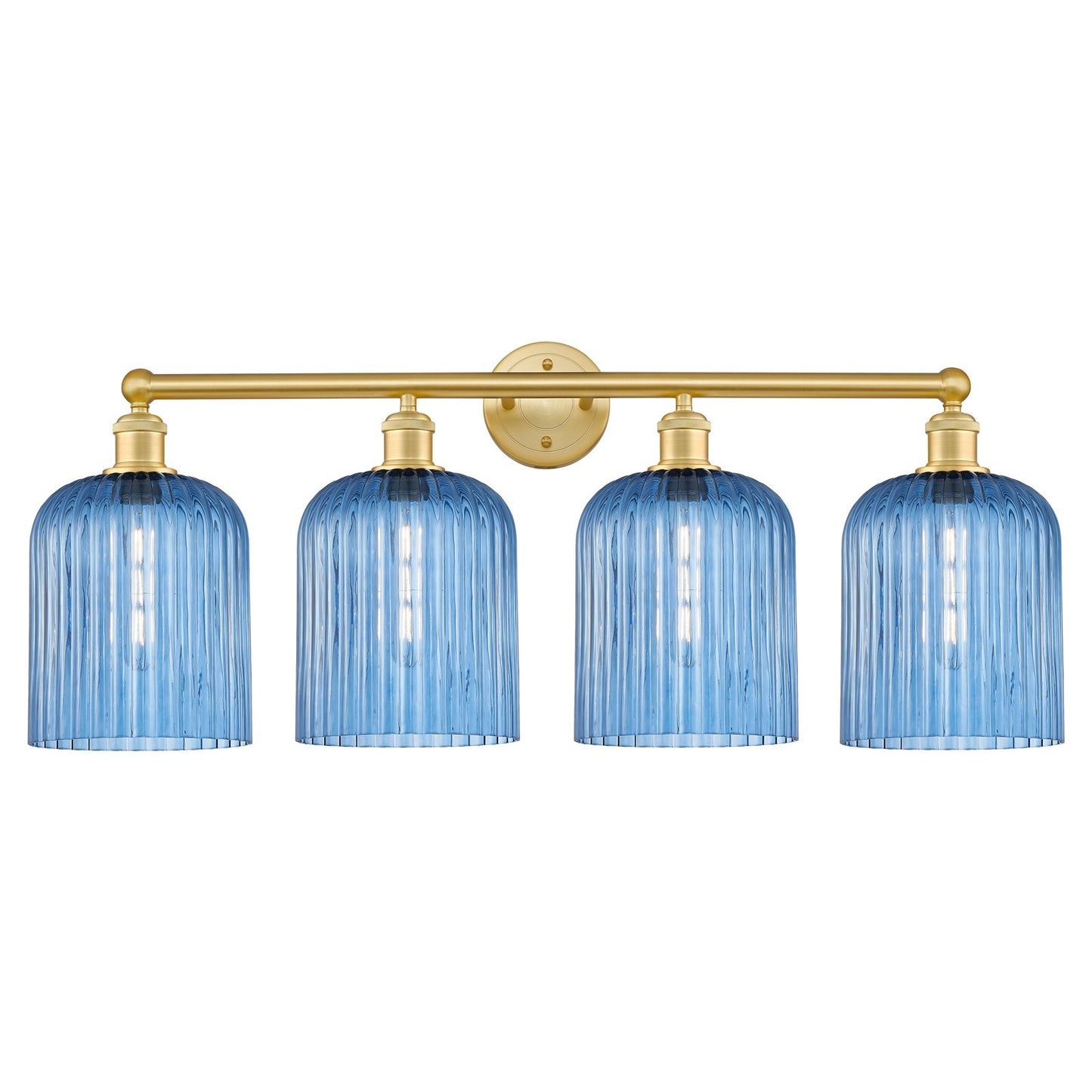 Innovations Bridal Veil 32in 4-Light Bath Vanity Light | Art Nouveau Satin Gold Steel and Princess Blue Ribbed Glass | Bathroom | Model 616-4W-SG-G559-8BL