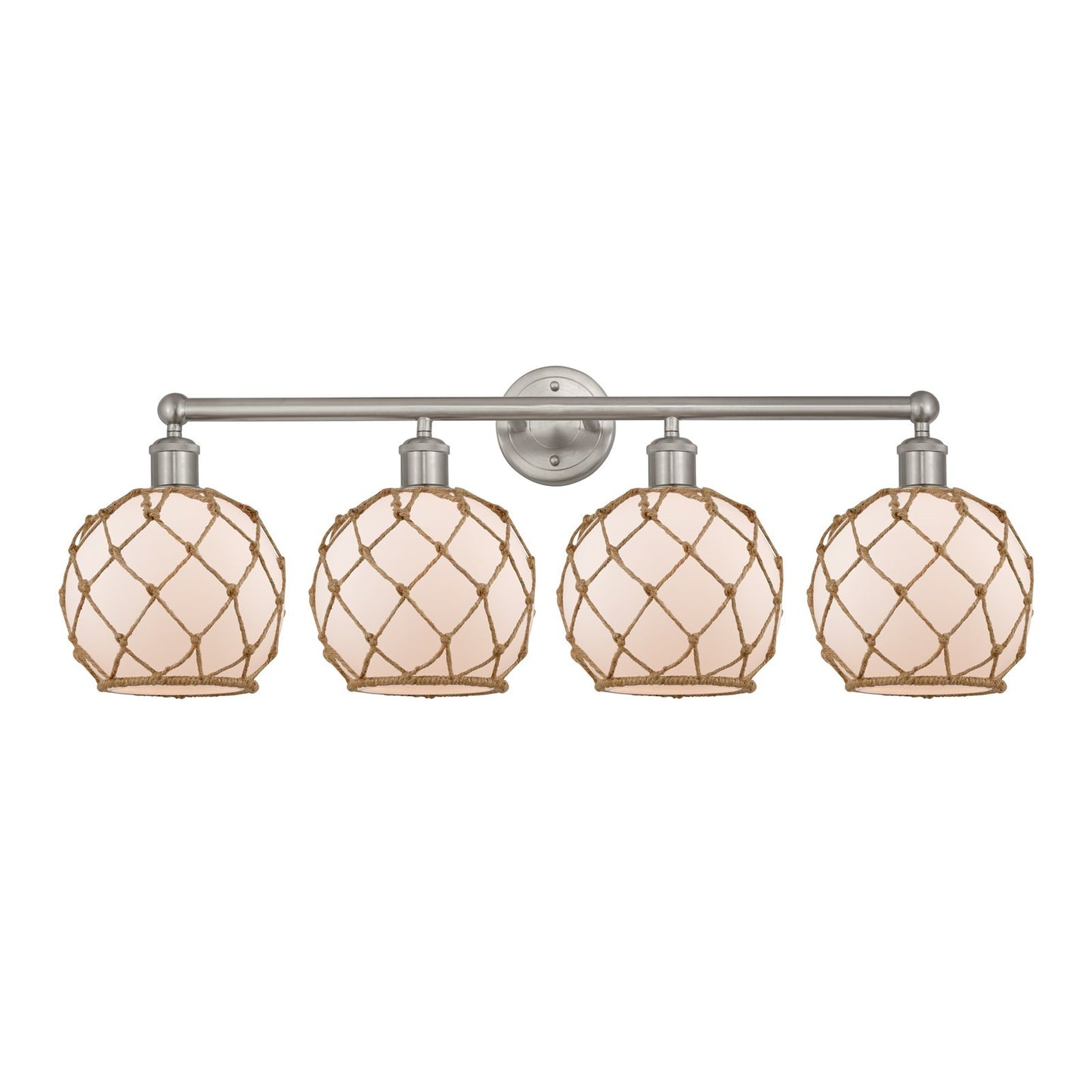 Innovations Farmhouse Rope 35in 4-Light Bath Vanity Light | Industrial Brushed Satin Nickel and White Frosted Glass with Brown | Model 616-4W-SN-G121-8RB
