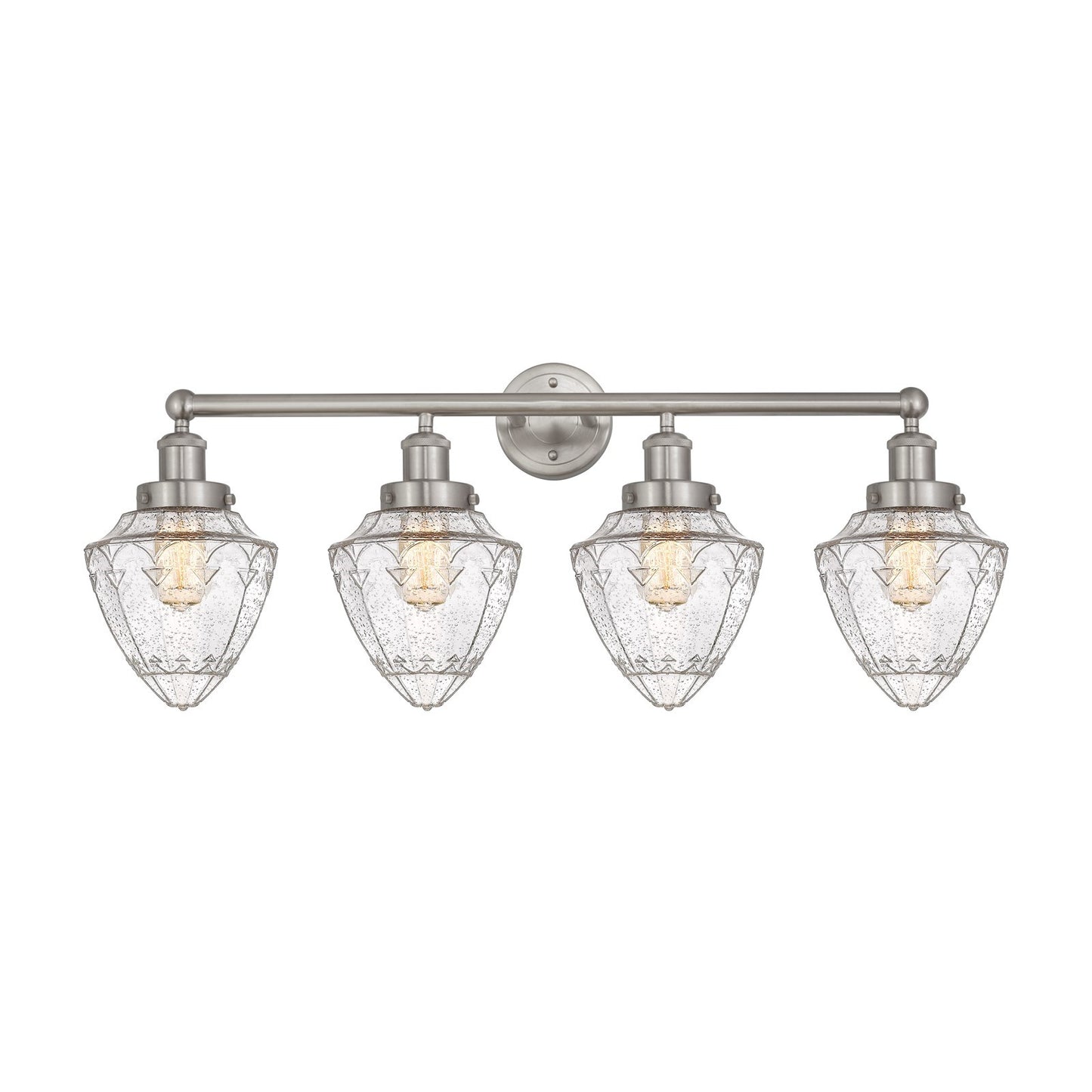 Innovations Lighting Bullet 34in 4-Light Bath Vanity | Industrial Brushed Satin Nickel Steel and Seedy Glass | Bathroom Vanity | Model 616-4W-SN-G664-7