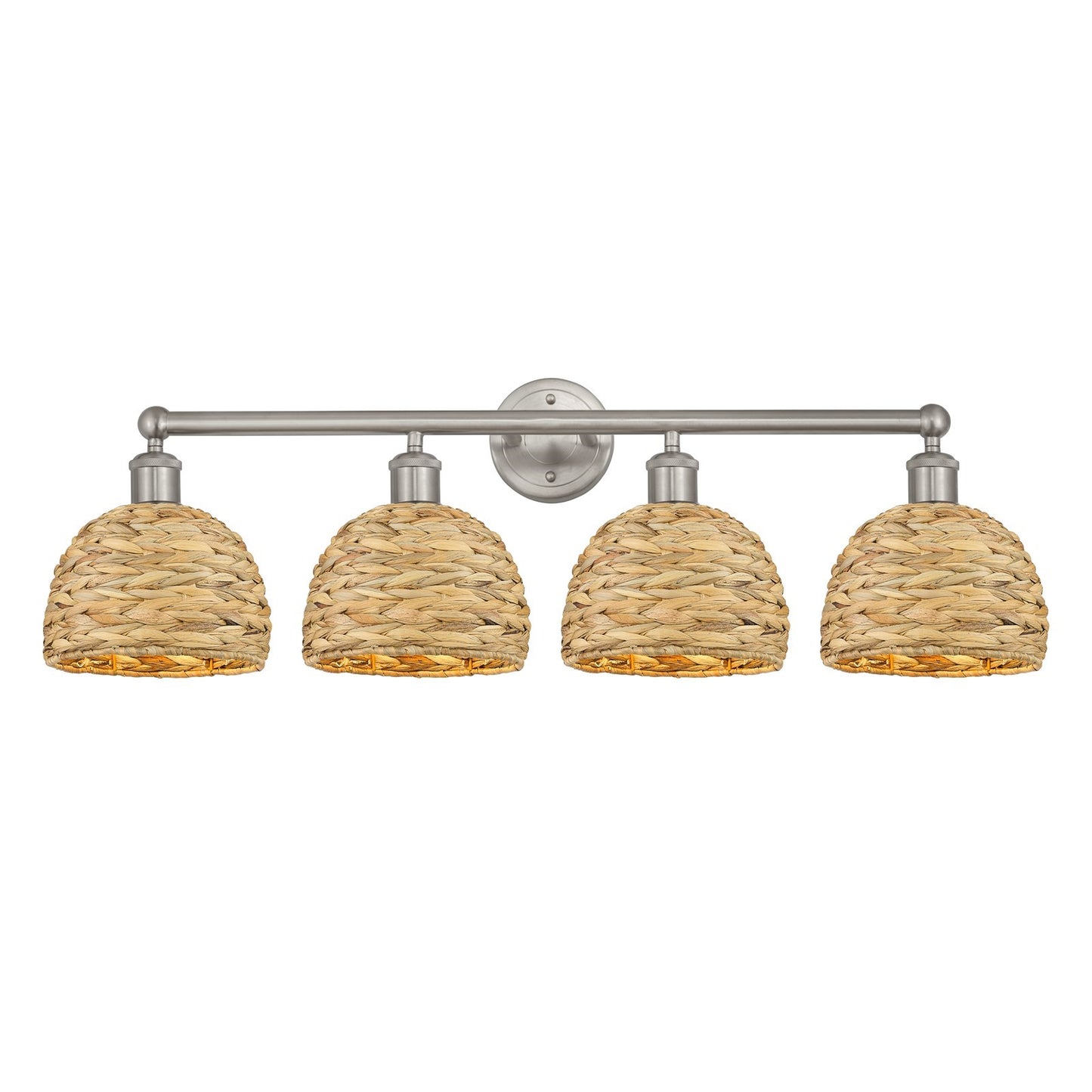 Innovations Woven Rattan 35in 4-Light Bath Vanity Light | Industrial Brushed Satin Nickel and Natural Fiber Dome Shade | Model 616-4W-SN-RBD-8-NAT