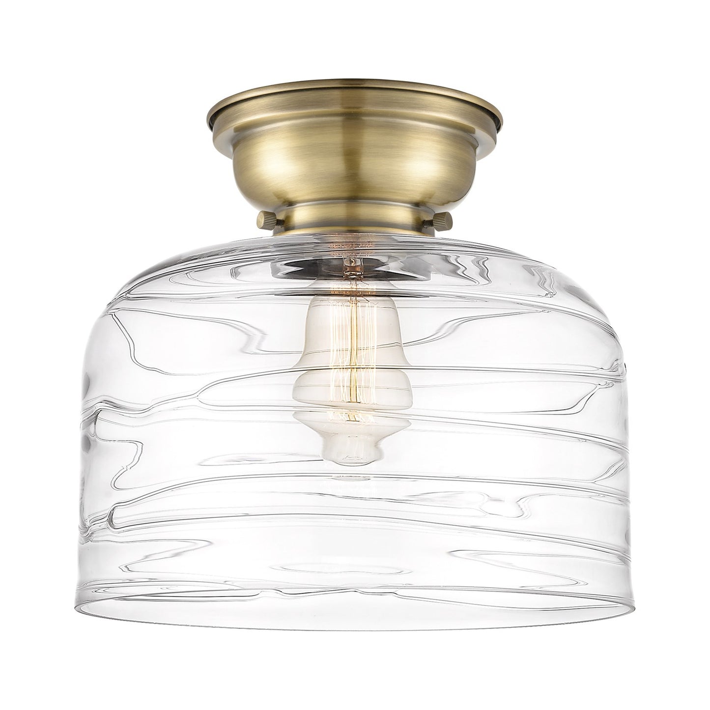 Innovations Bell 11.5in 1-Light Flush Mount | Industrial Farmhouse Antique Brass Steel and Clear Deco Swirl Glass | Entryway | Model 623-1F-AB-G713-L-LED