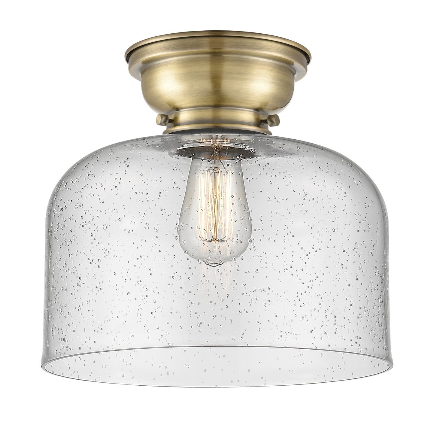 Innovations Bell 11.5in 1-Light Flush Mount | Industrial Antique Brass Steel and Seedy Glass | Bedroom & Hallway | 11.5 x 11.5 | Model 623-1F-AB-G74-L-LED