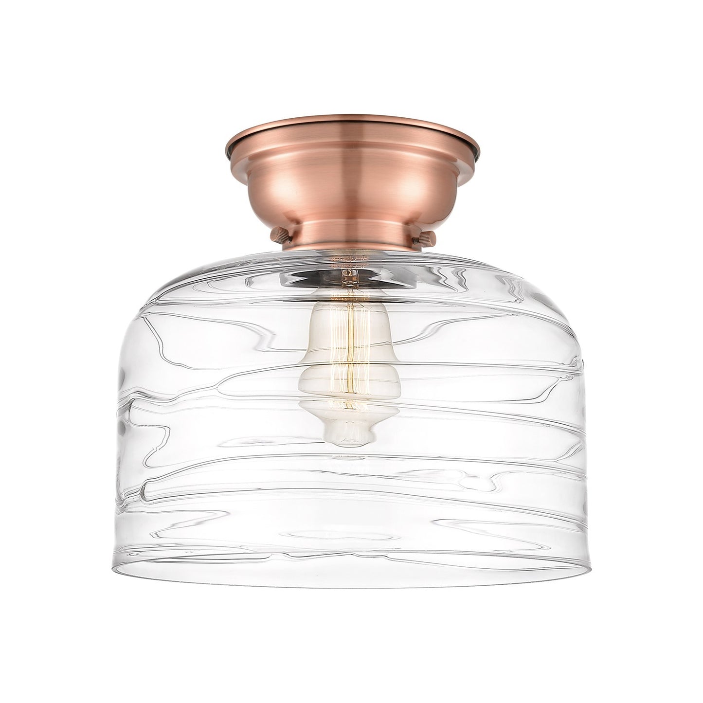 Innovations Bell 11.5in 1-Light Flush Mount | Industrial Farmhouse Antique Copper Steel and Clear Deco Swirl Glass | Entryway | Model 623-1F-AC-G713-L-LED