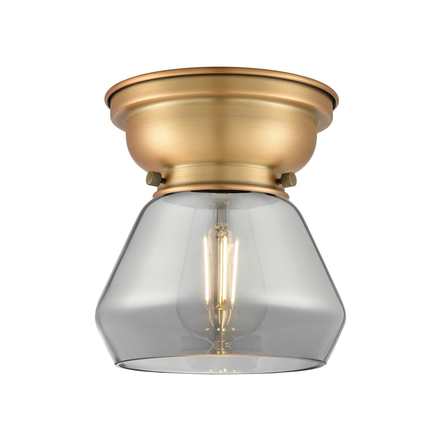 Innovations Fulton 7in 1-Light Flush Mount | Industrial Farmhouse Brushed Brass and Light Smoke Glass | Bedroom & Hallway | 7 x | Model 623-1F-BB-G173-LED