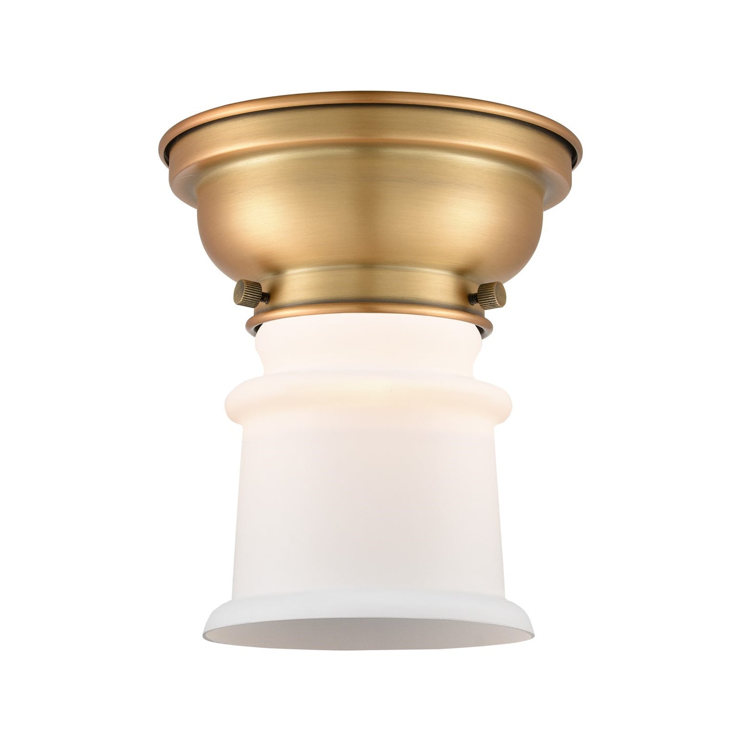 Innovations Canton 5.25in 1-Light Flush Mount | Industrial Brushed Brass and Matte White Frosted Glass | Hallway & Bedroom | Model 623-1F-BB-G181S-LED