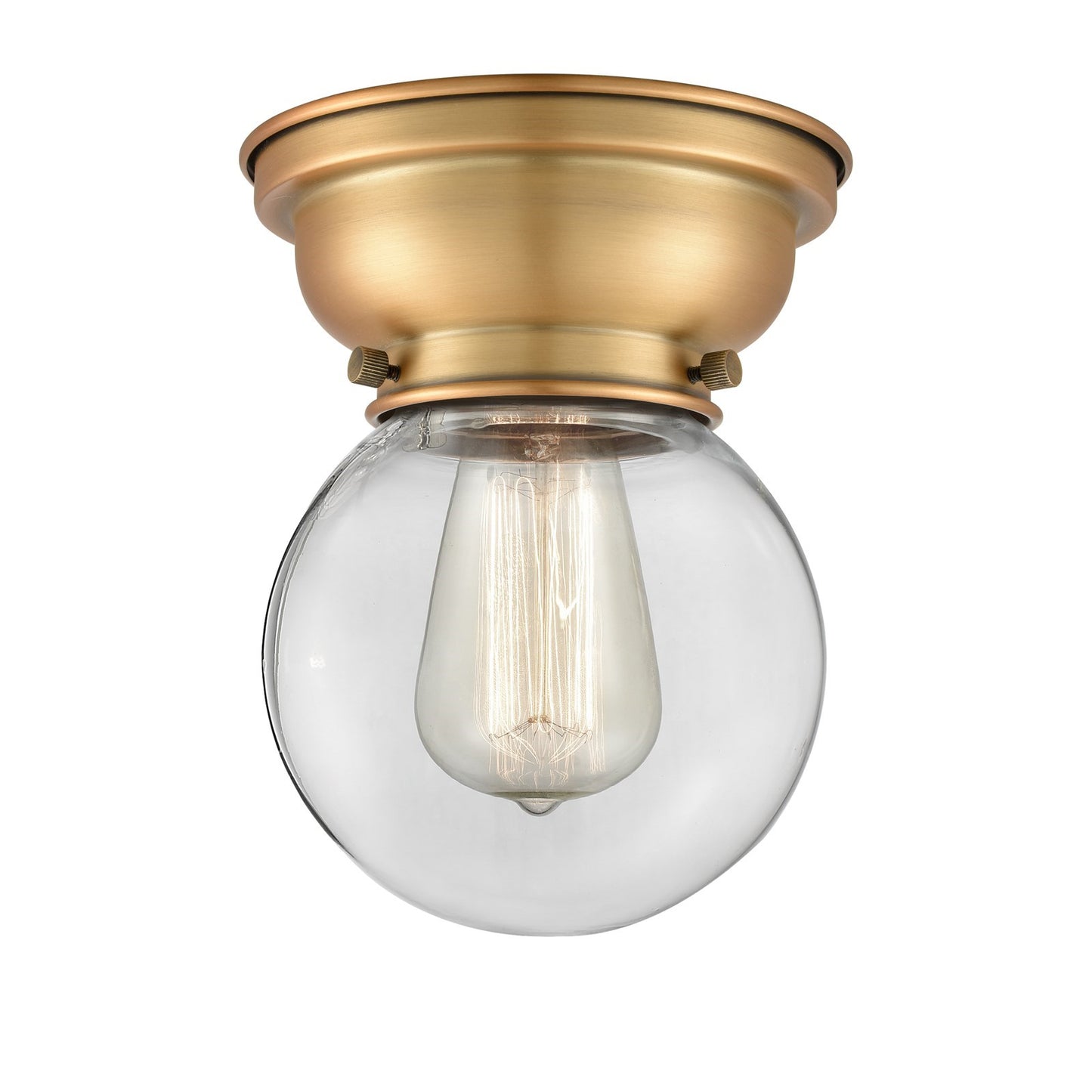 Innovations Beacon 6in 1-Light Flush Mount | Industrial Brushed Brass Steel and Clear Glass | Hallway & Bathroom Ceiling | Model 623-1F-BB-G202-6-LED