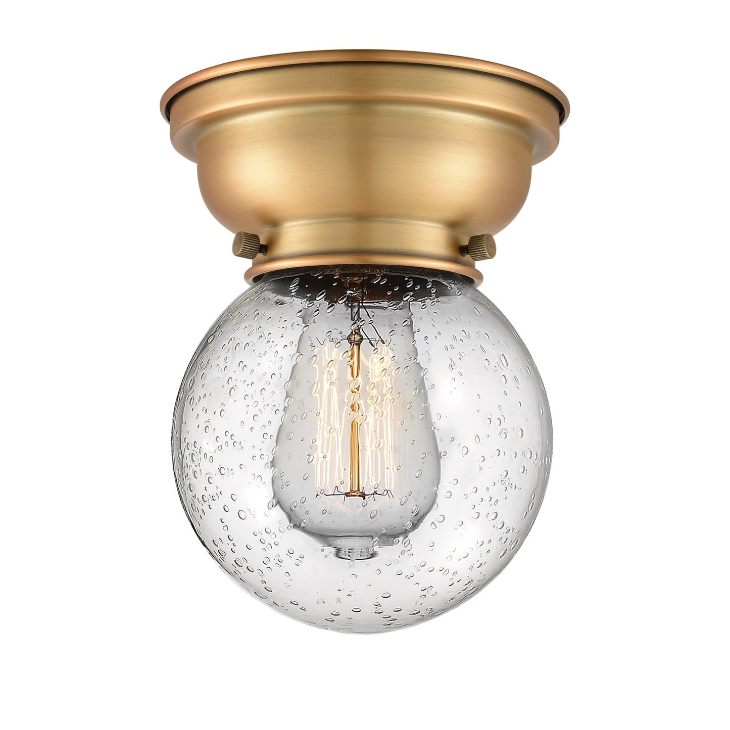 Innovations Beacon 6in 1-Light Flush Mount | Industrial Brushed Brass Steel and Seedy Glass | Entryway & Hallway | 6 x 6 x 8.38 in | Model 623-1F-BB-G204-6