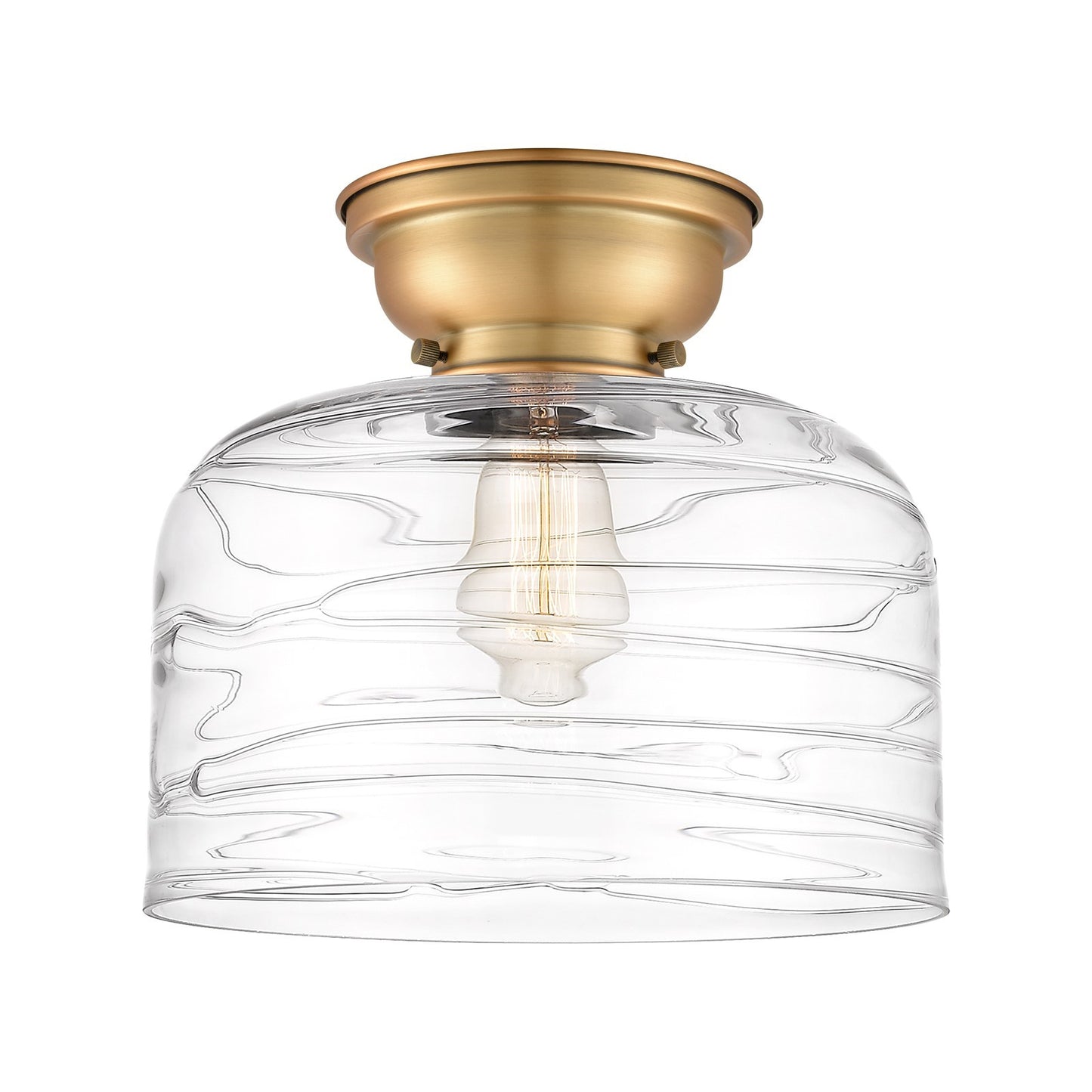 Innovations Bell 11.5in 1-Light Flush Mount | Industrial Farmhouse Brushed Brass and Clear Deco Swirl Glass | Entryway & | Model 623-1F-BB-G713-L-LED
