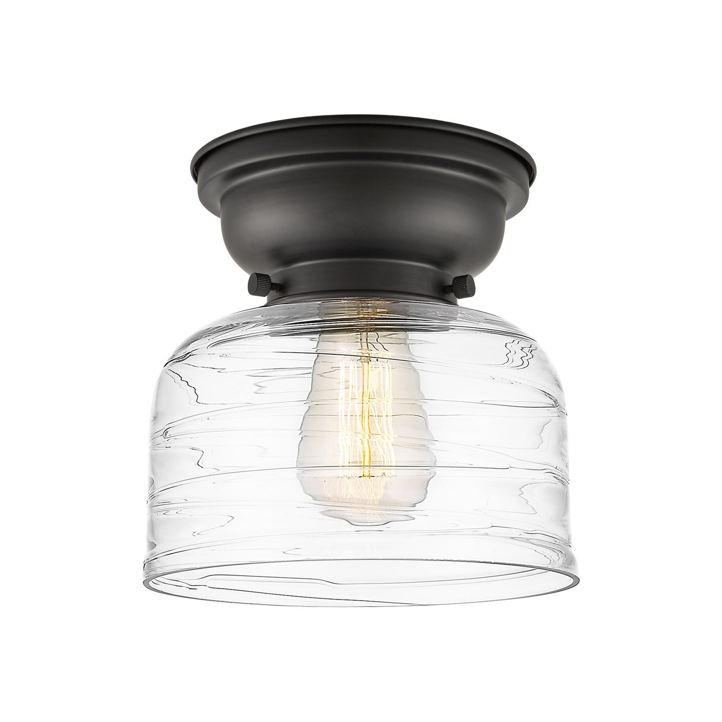 Innovations Bell 8in 1-Light Flush Mount | Industrial Farmhouse Matte Black Steel and Clear Deco Swirl Glass | Entryway & Hallway | Model 623-1F-BK-G713