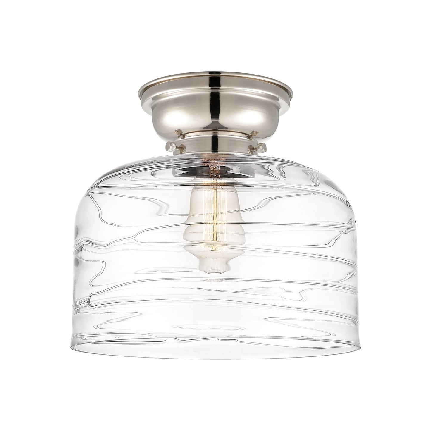 Innovations Bell 11.5in 1-Light Flush Mount | Industrial Farmhouse Polished Nickel and Clear Deco Swirl Glass | Entryway & | Model 623-1F-PN-G713-L