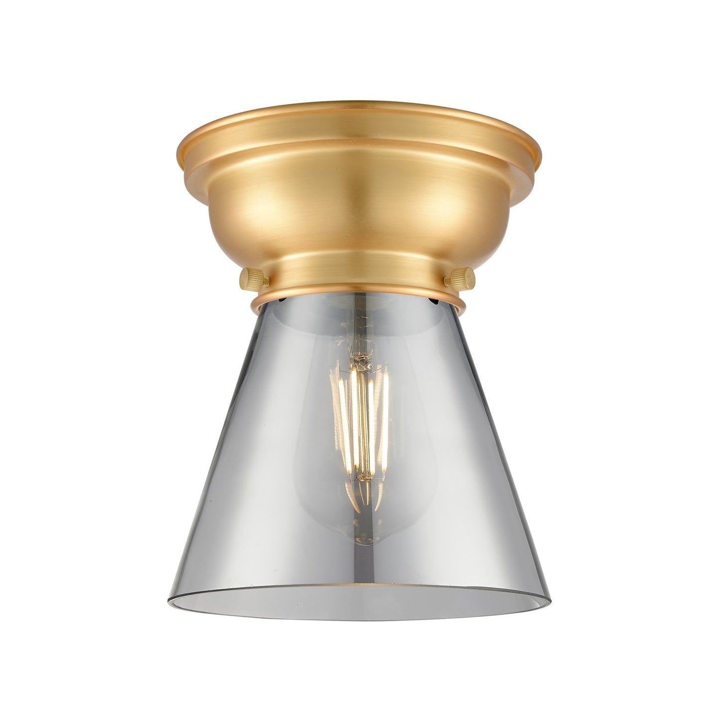Innovations Cone 6.25in 1-Light Flush Mount | Industrial Farmhouse Satin Gold Steel and Light Smoke Glass | Damp Location | Model 623-1F-SG-G63-LED